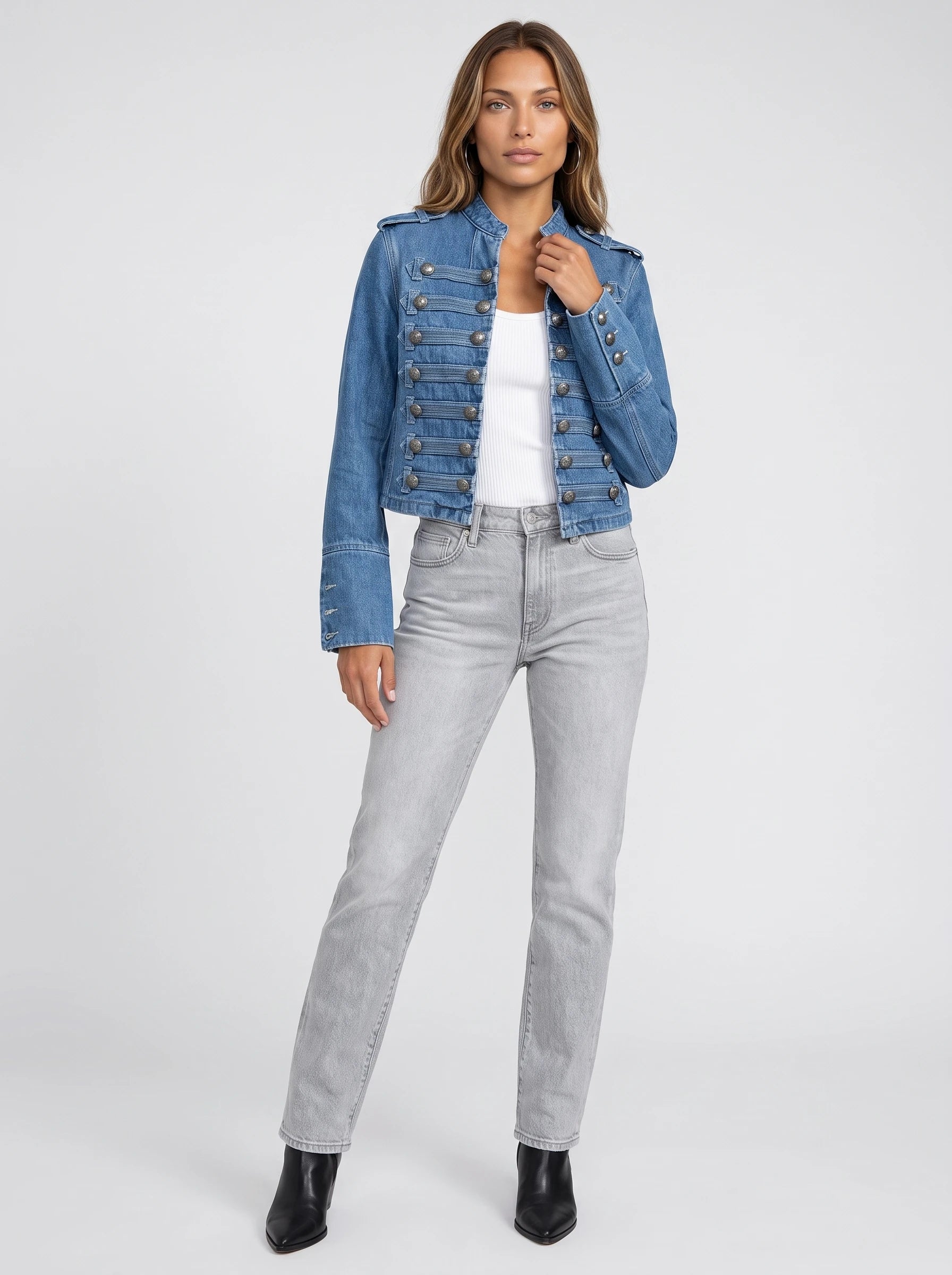 Veste en jean esprit officier bleu denim Rosemonde, vue de face en studio