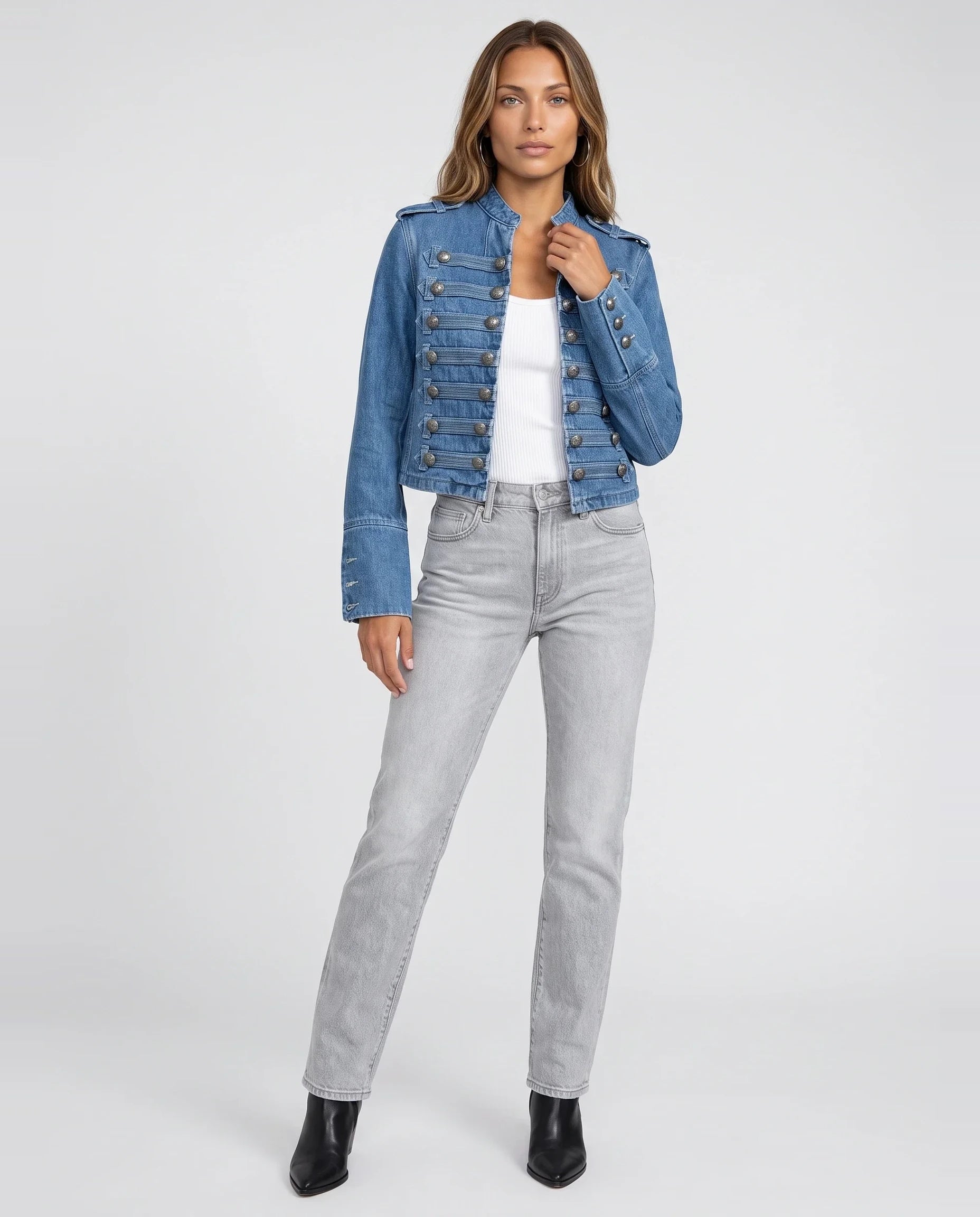 Veste en jean esprit officier bleu denim Rosemonde, vue de face en studio