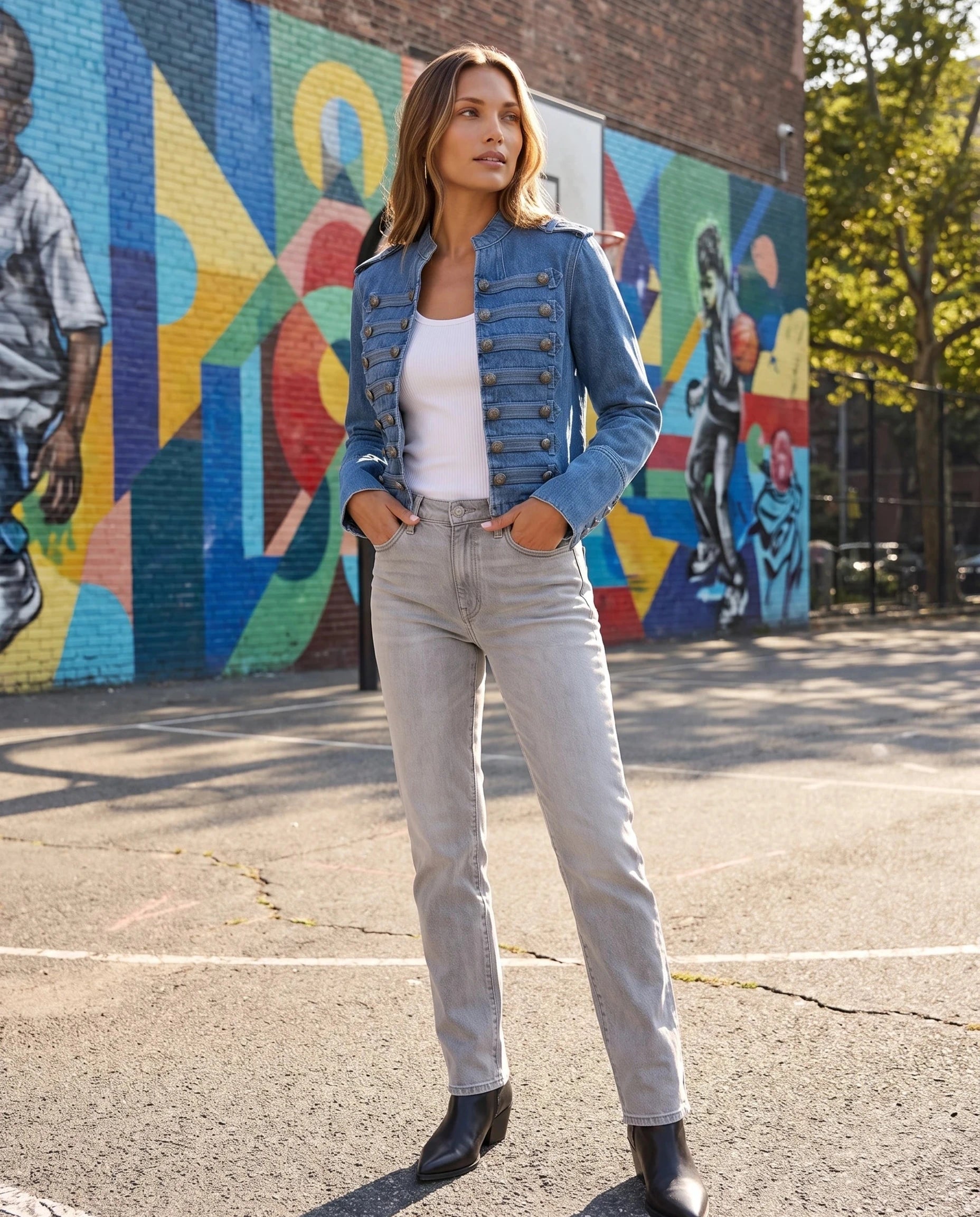 Veste en jean officier bleu denim Rosemonde, portée devant une fresque murale colorée