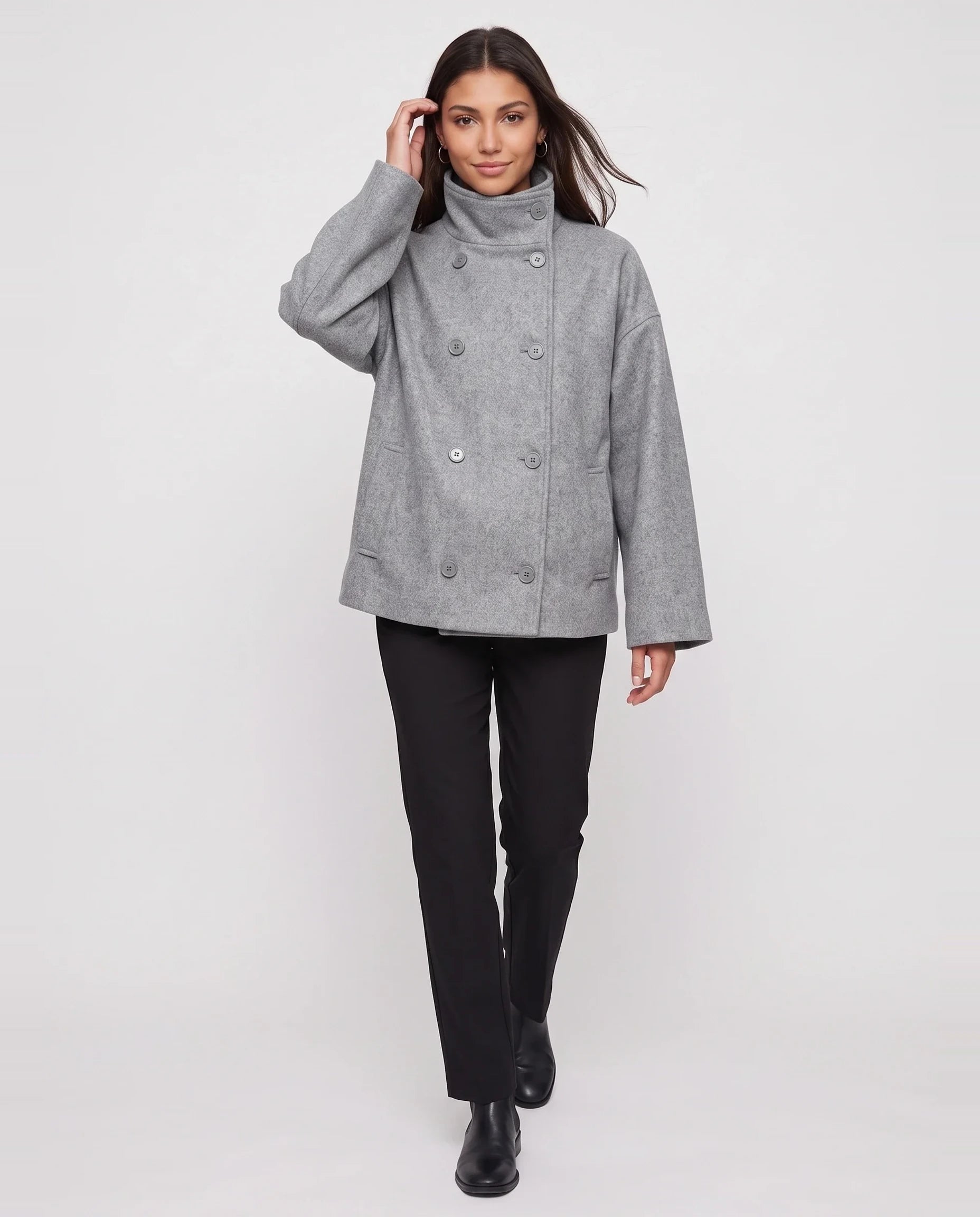 Veste courte en lainage gris chiné Rosalinde, vue de face en studio
