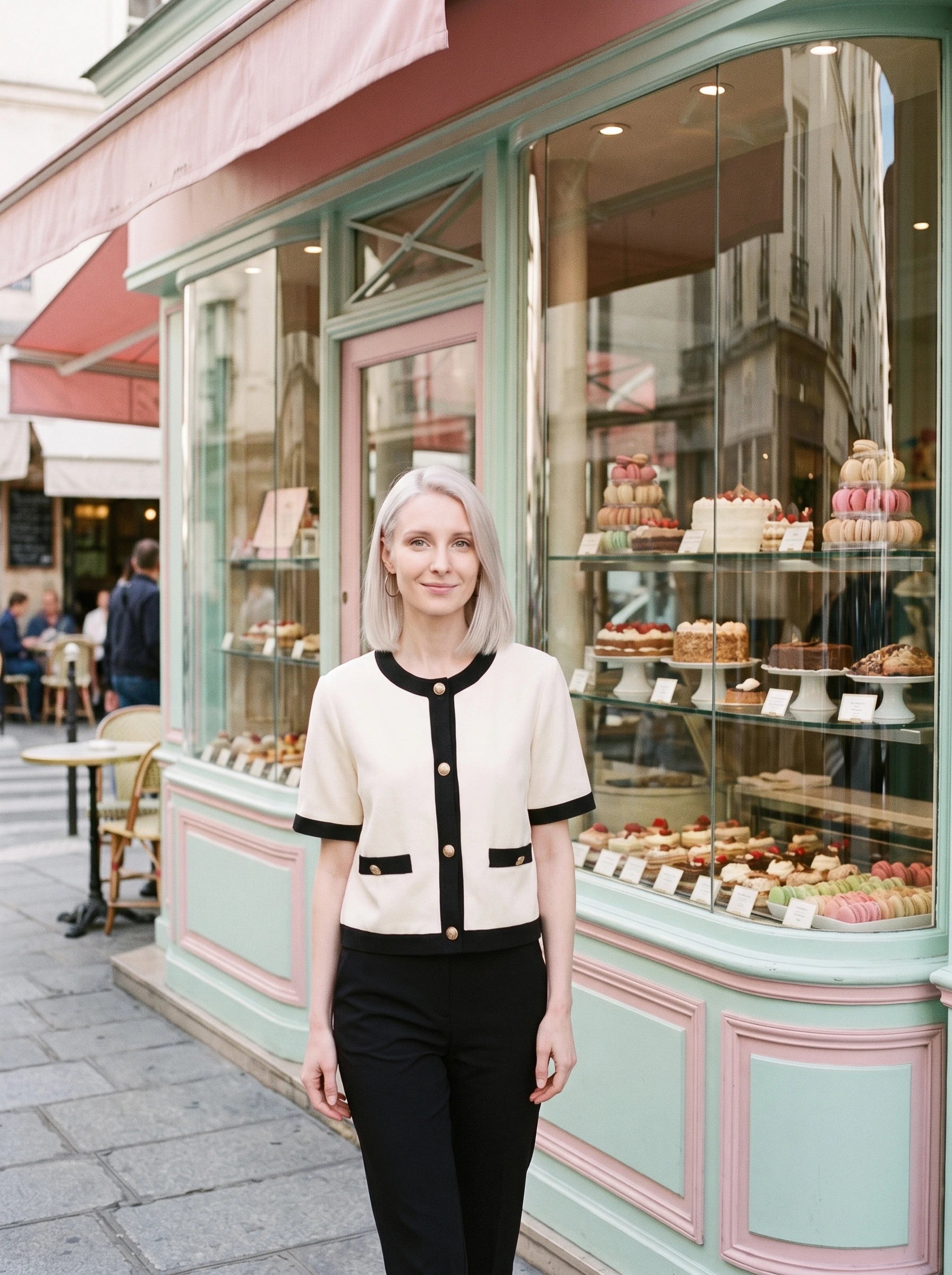 Veste écru à liserés noirs Réjane, portée devant une pâtisserie parisienne