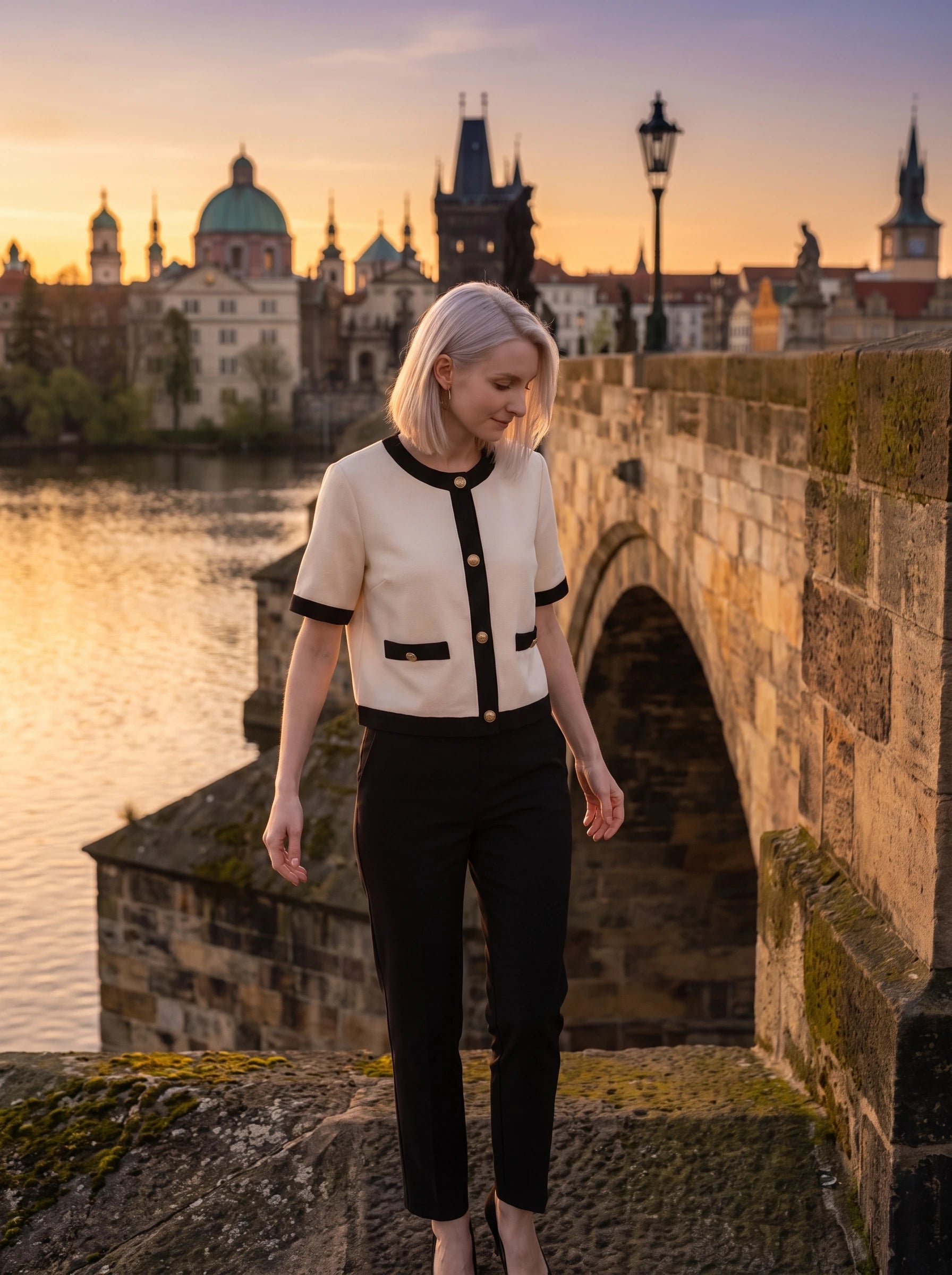 Veste écru à liserés noirs Réjane, portée sur un pont en pierre à l'heure dorée