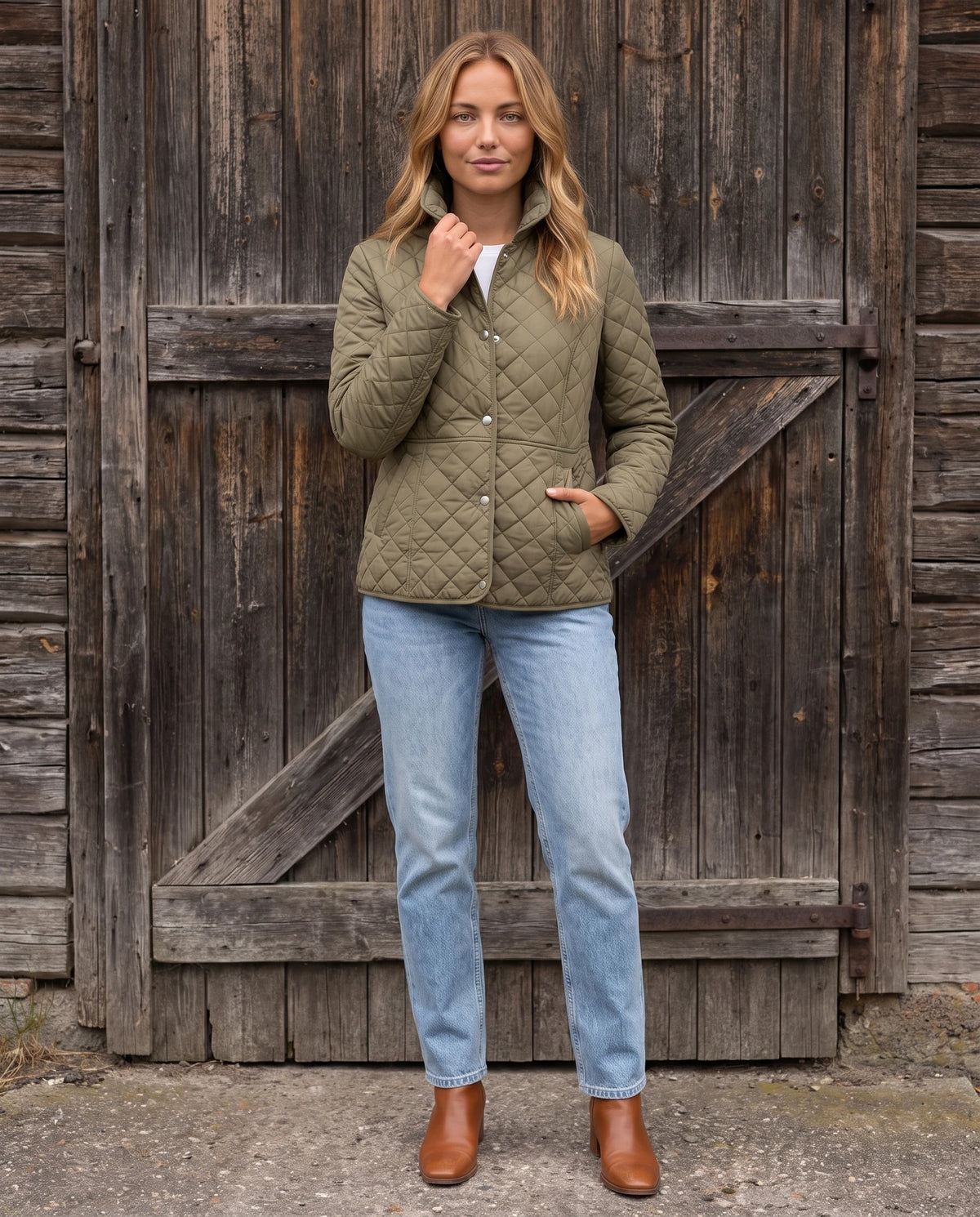Veste matelassée à col chemise Ayla en Kaki, portée devant la porte de bois d'une grange, col relevé