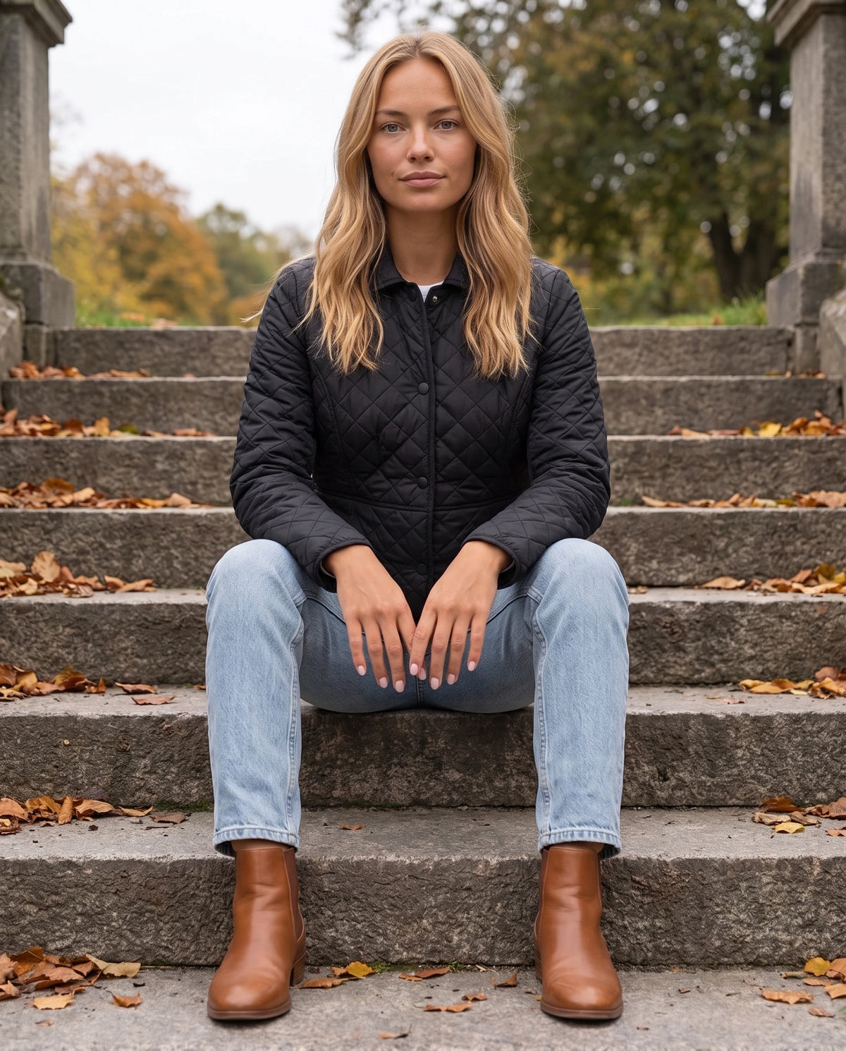 Veste matelassée à col chemise Ayla en Noir, portée sur un escalier de pierre d'un parc