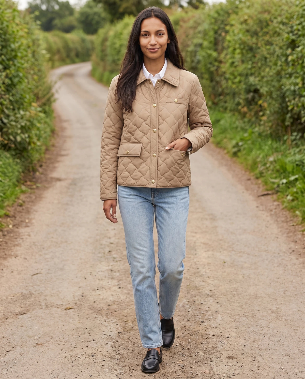 Veste matelassée à col chemise et pressions dorées Mélodie en Beige, portée sur un chemin de campagne bordé de haies