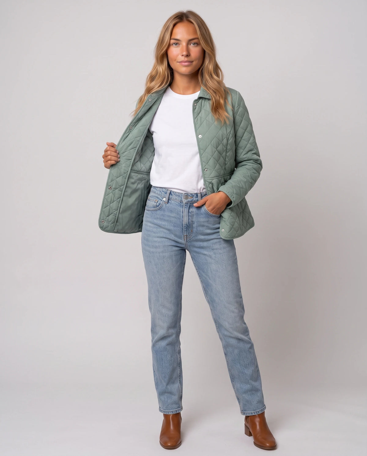 Veste matelassée à col chemise Ayla en Vert Sauge, portée ouverte sur un t-shirt blanc
