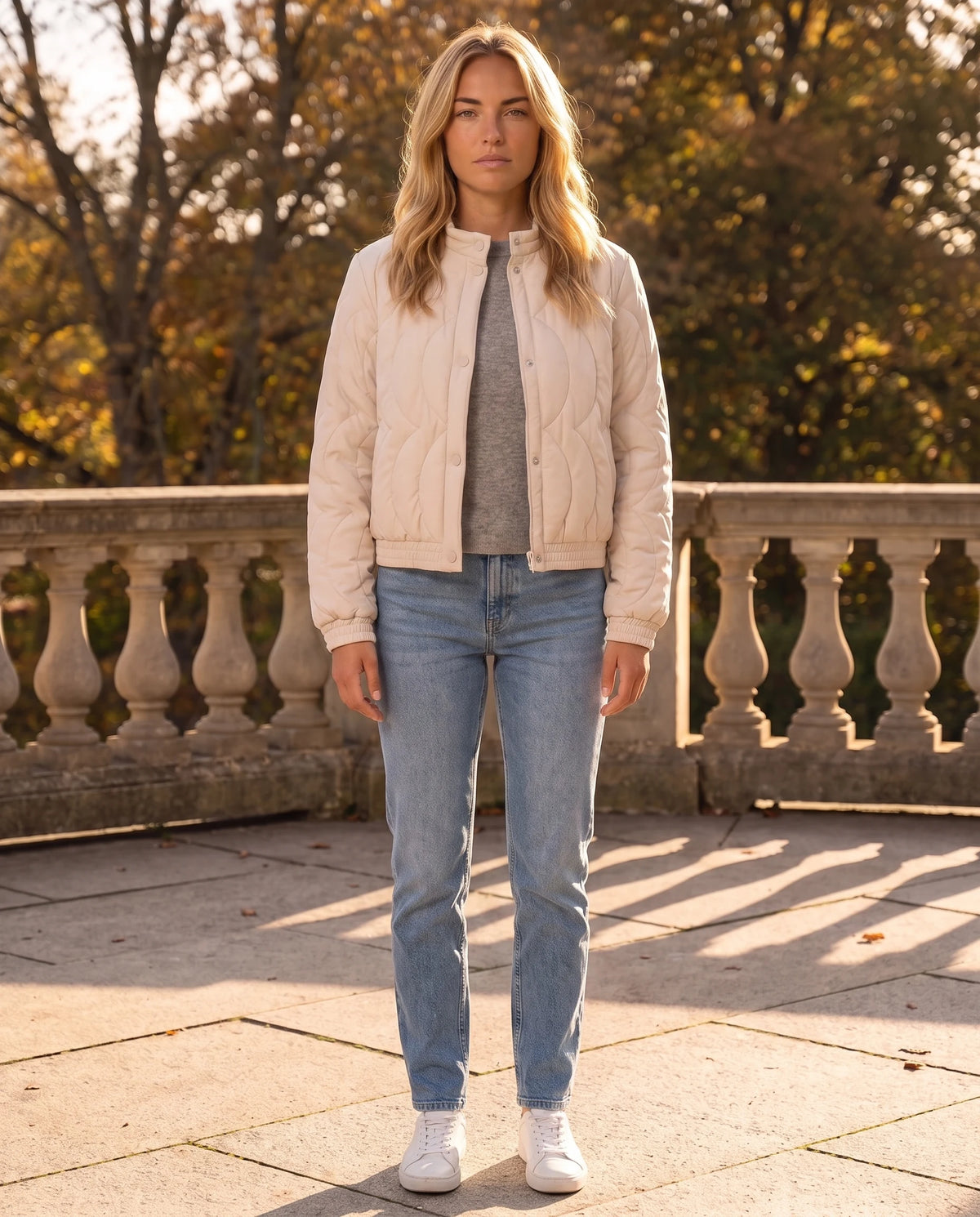 Veste matelassée col montant à pressions Julie en Beige, portée sur une terrasse de pierre au soleil d'automne