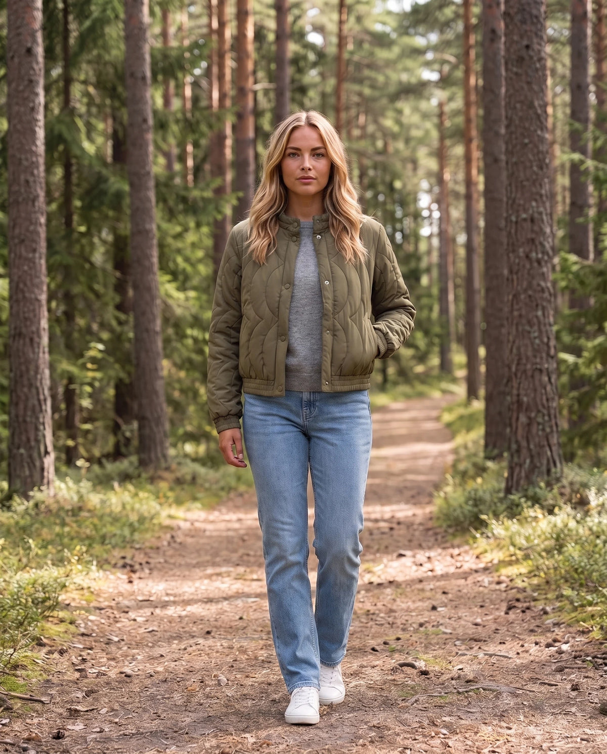Veste matelassée col montant à pressions Julie en Vert Armée, portée dans une forêt de pins