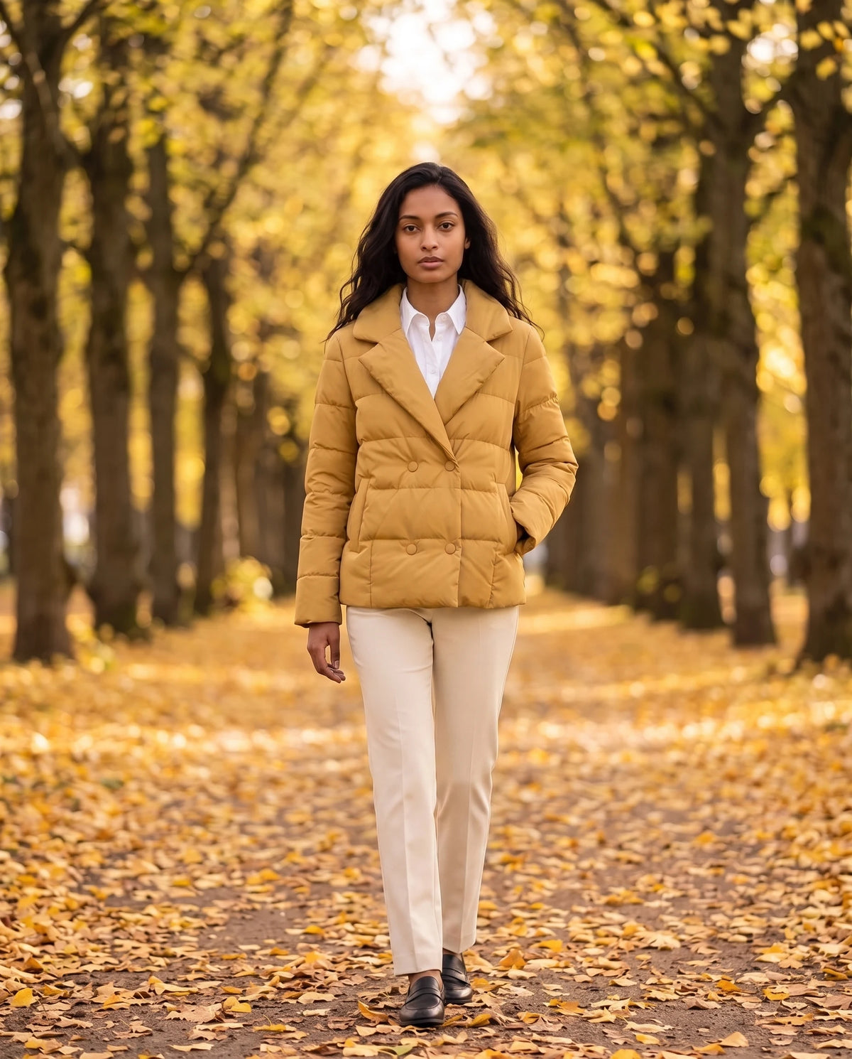 Veste matelassée courte col tailleur Agnès en Moutarde, portée dans une allée de tilleuls en automne
