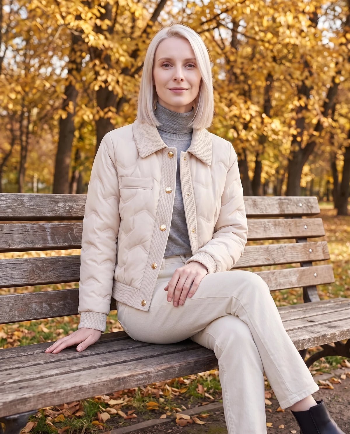 Veste matelassée courte col tricot Lucie en Crème, portée sur un banc de parc en automne