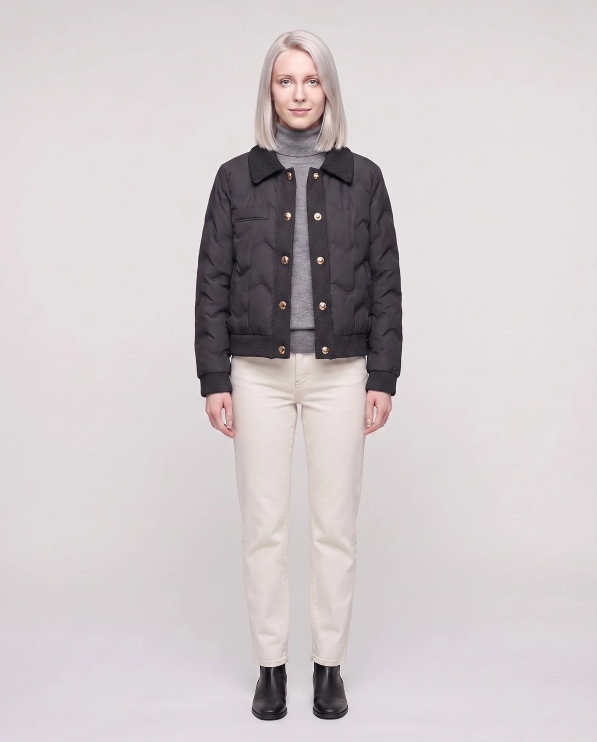 Veste matelassée courte col tricot Lucie en Noir, plan rapproché de face, col tricot rabattu