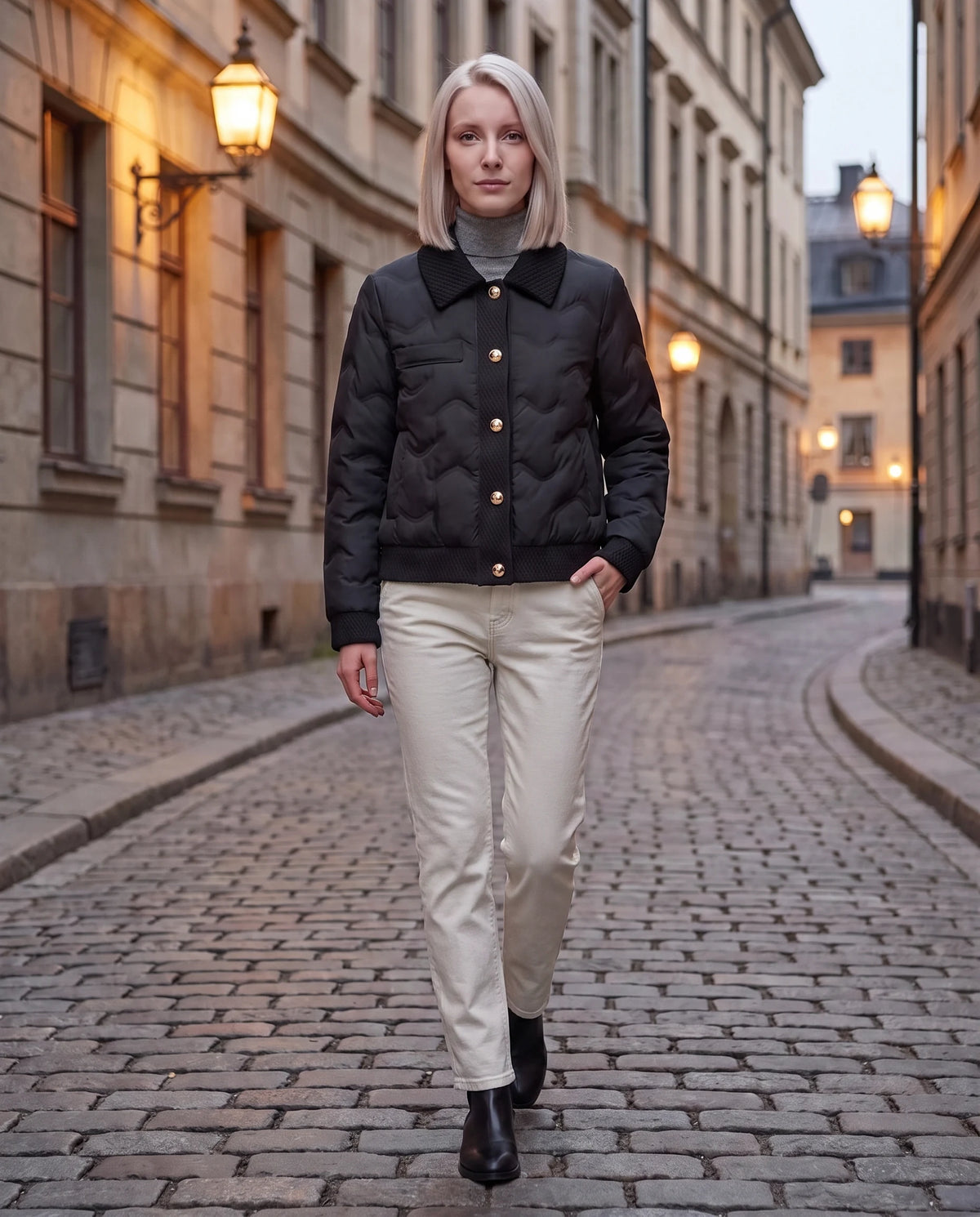 Veste matelassée courte col tricot Lucie en Noir, portée dans une rue pavée le soir
