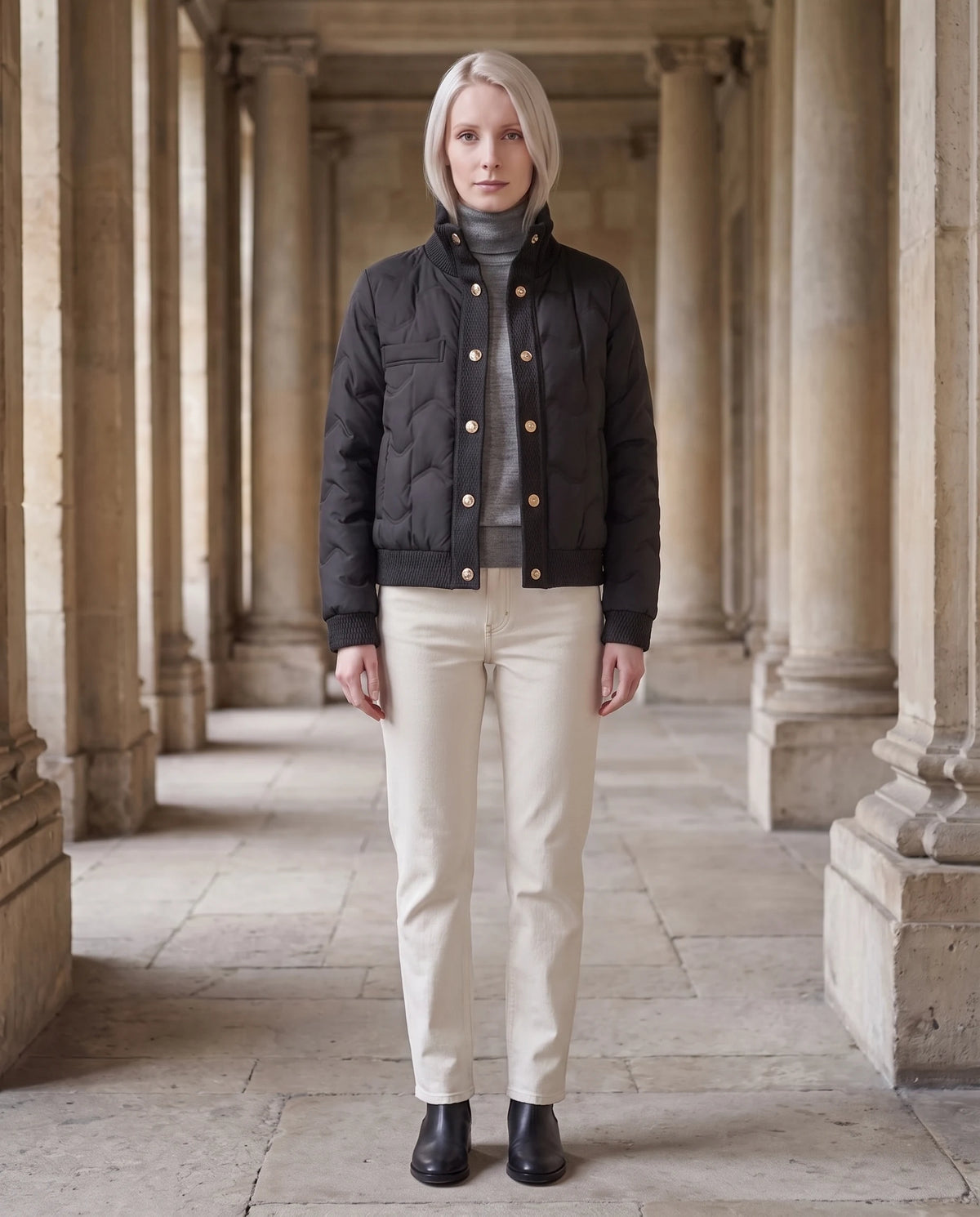 Veste matelassée courte col tricot Lucie en Noir, portée dans un hall aux colonnes de pierre, col tricot relevé