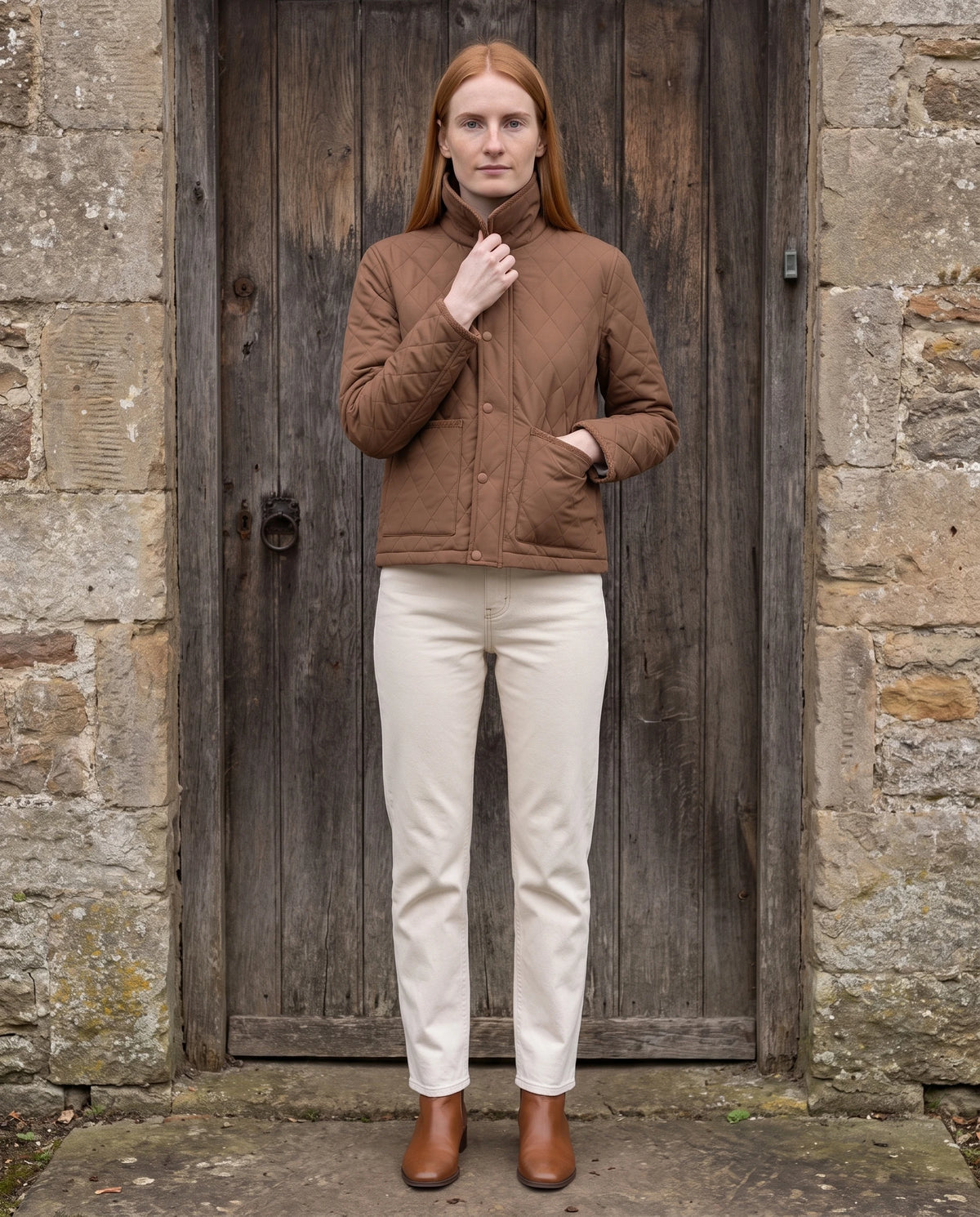 Veste matelassée courte à col velours côtelé Selma en Chocolat, portée devant une porte de bois ancienne, col relevé