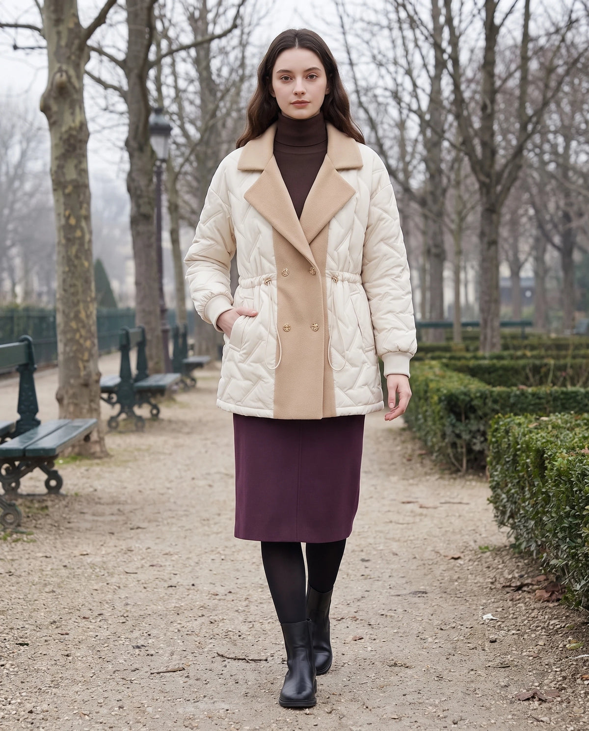 Veste matelassée mi-longue à grand col tailleur Géraldine en Écru, portée dans une allée de jardin en hiver
