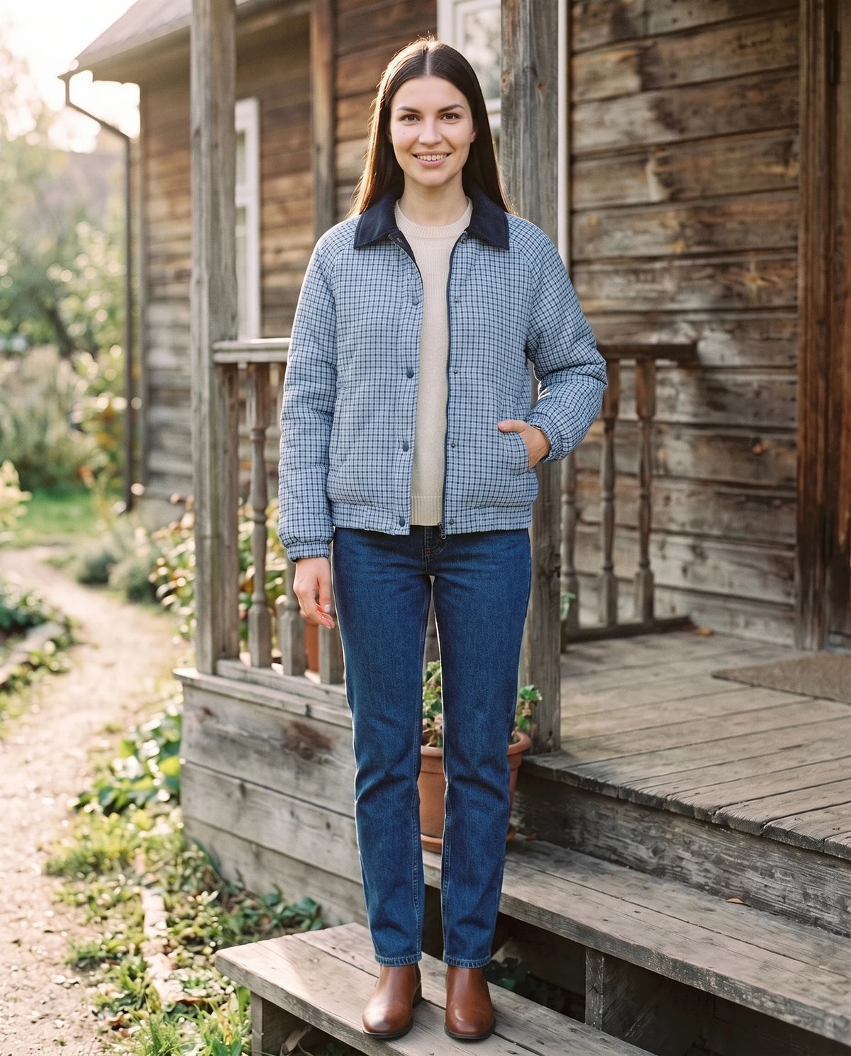 Veste matelassée réversible vichy Rosa en Bleu Marine, portée devant une maison en bois, face vichy