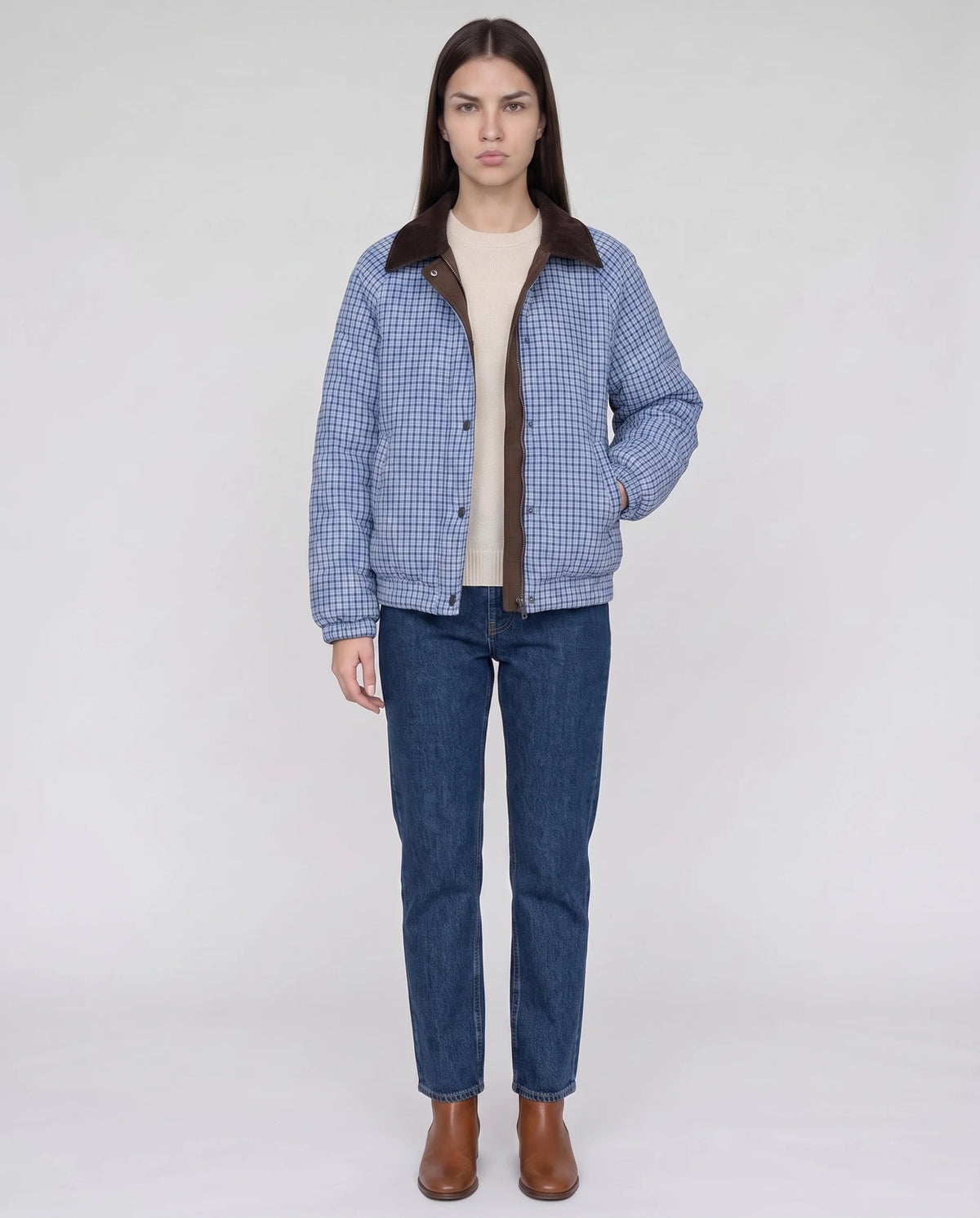Veste matelassée réversible vichy Rosa en Marron, plan rapproché de face, face vichy, col rabattu