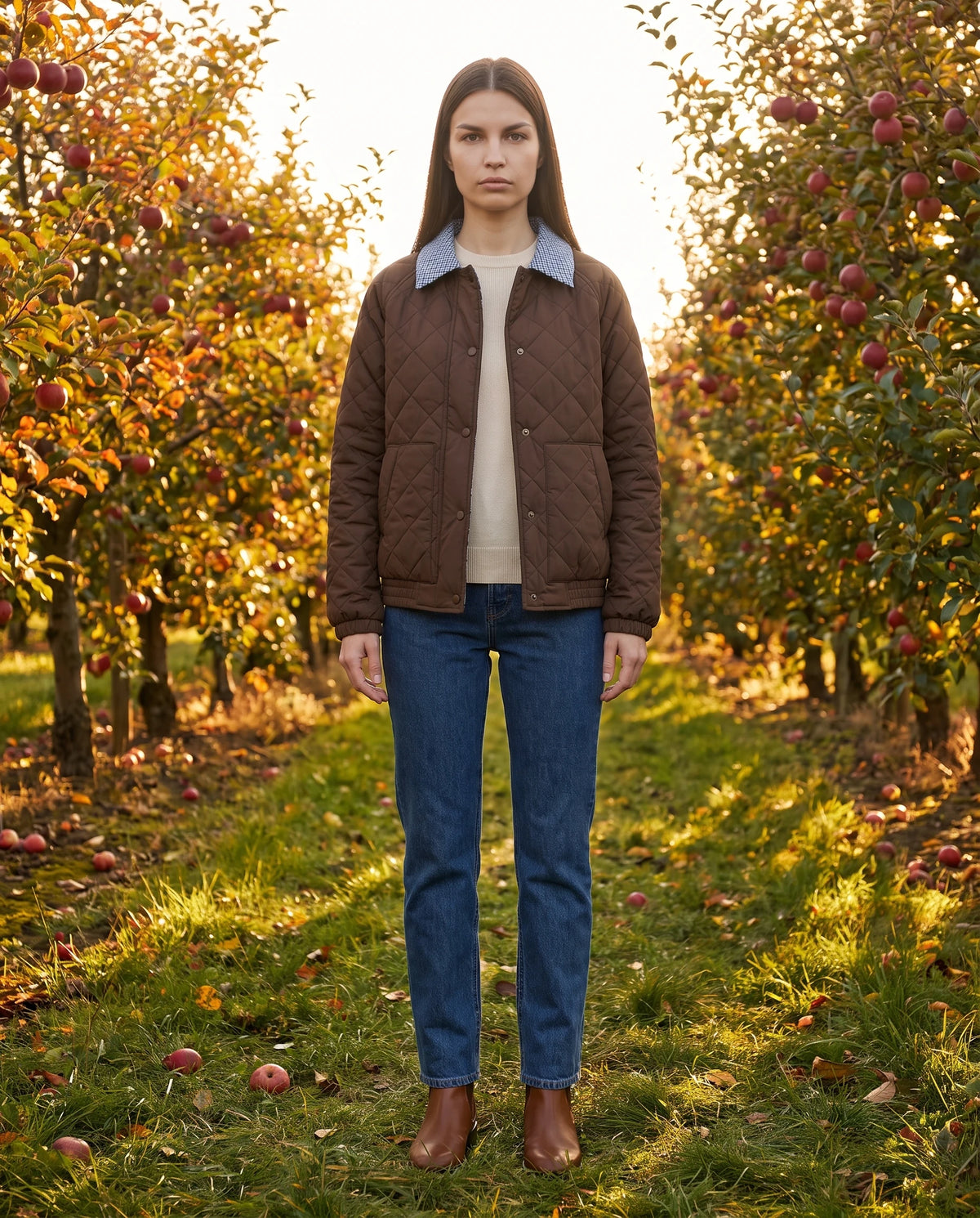 Veste matelassée réversible vichy Rosa en Marron, portée dans un verger en automne, face unie retournée