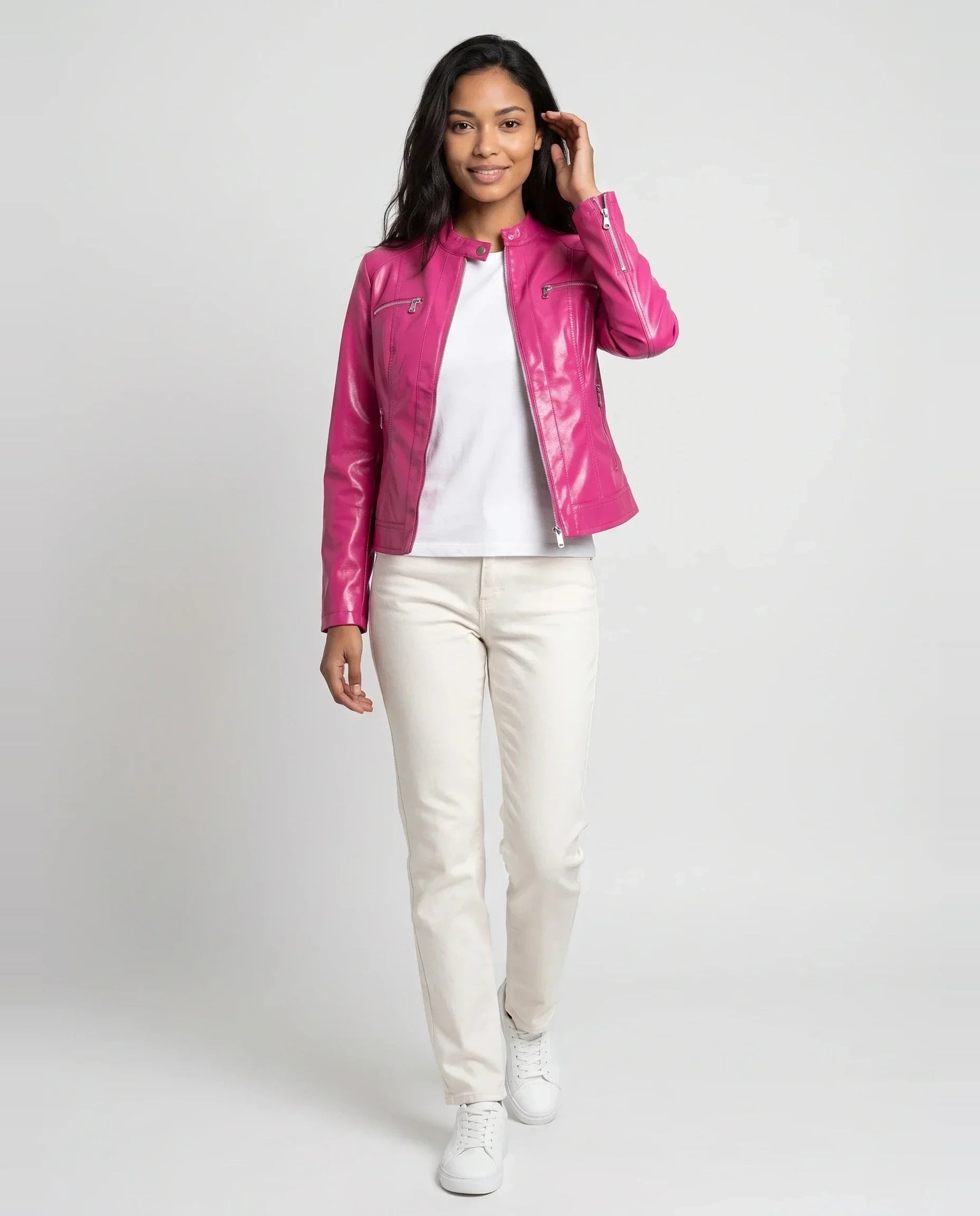 Veste motard en simili verni fuchsia Firmine, vue de face en studio