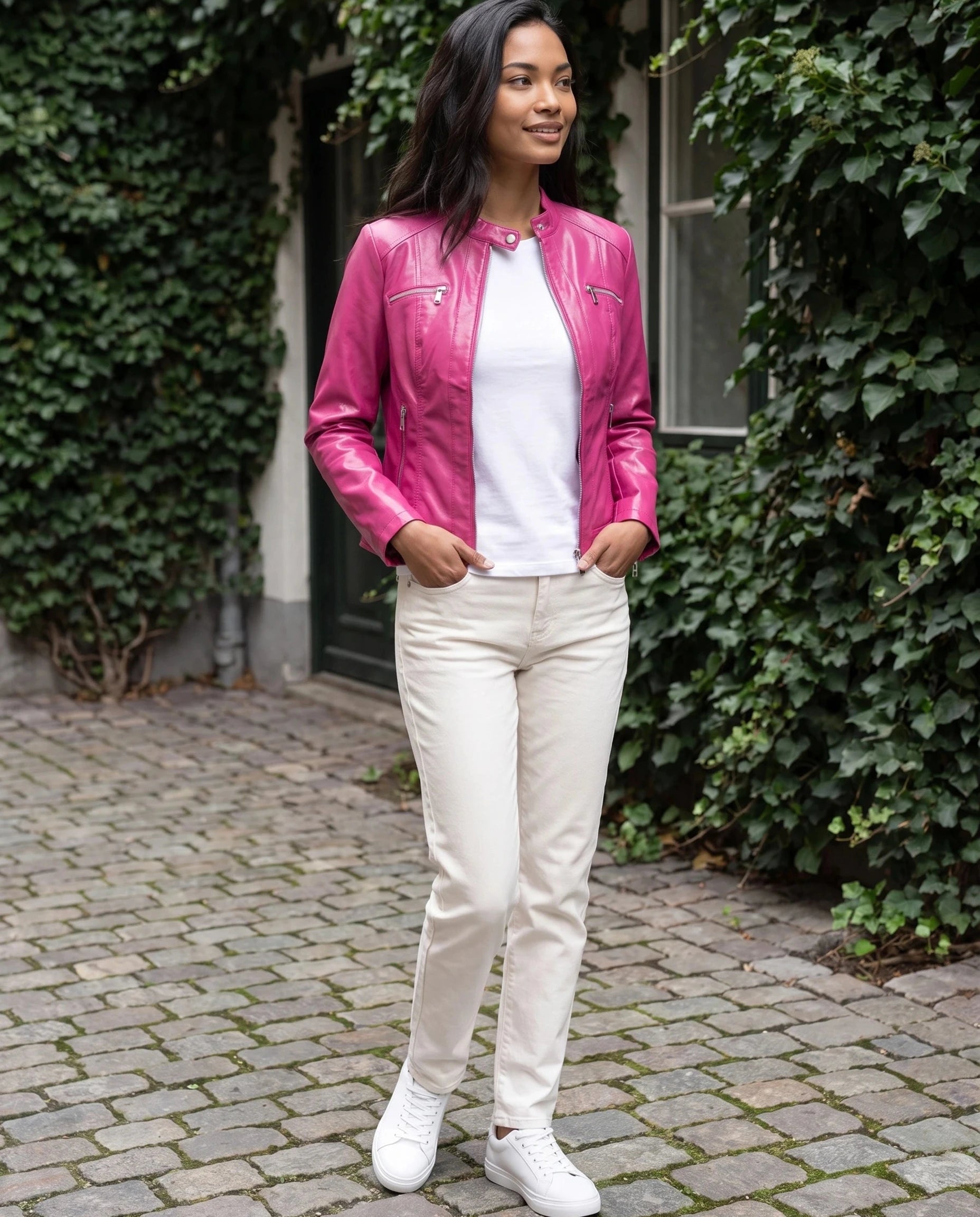 Veste motard en simili verni fuchsia Firmine, portée dans une cour aux murs de lierre