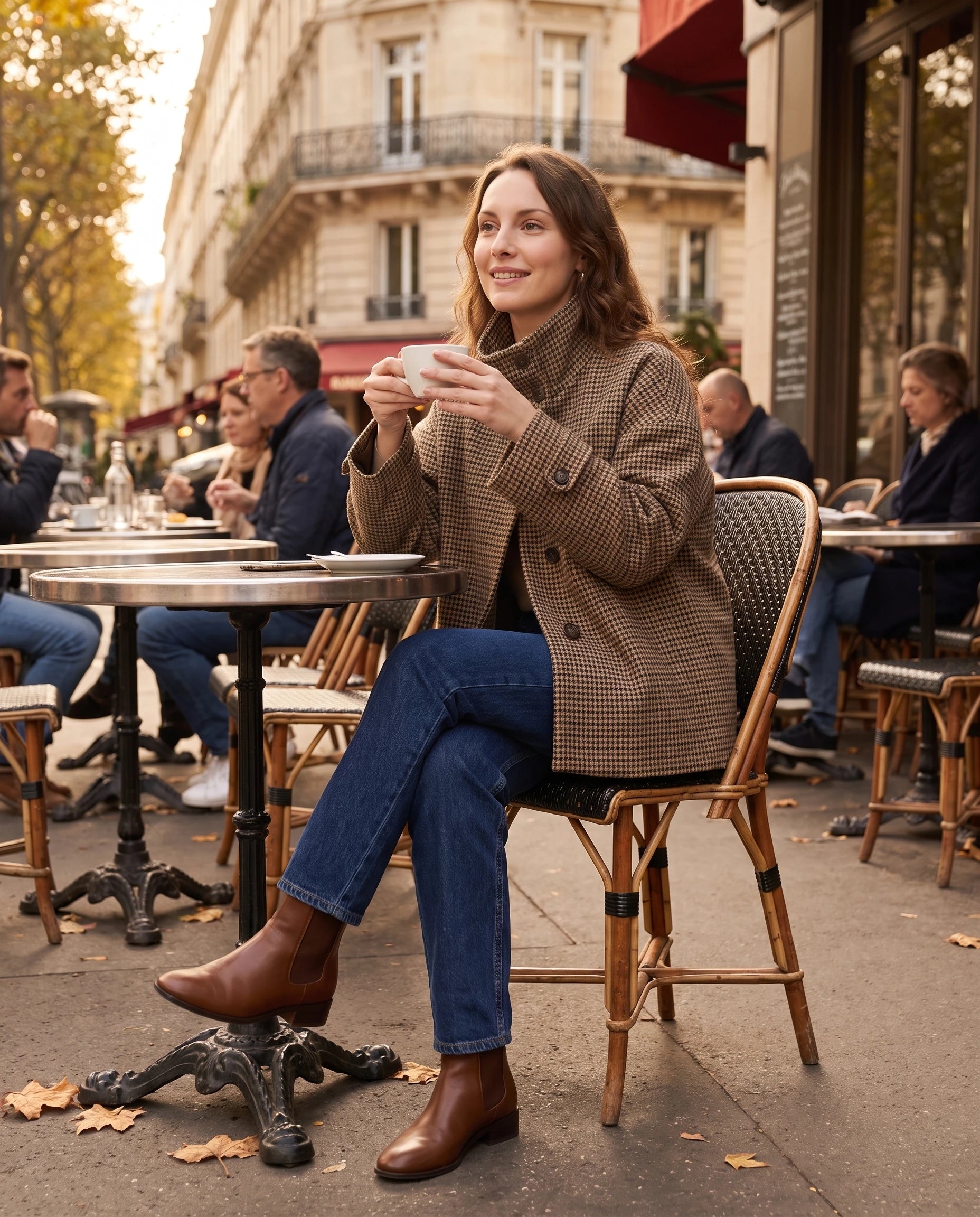 Veste courte pied-de-poule Priscille — portée en terrasse de café à l’automne — coloris pied-de-poule brun