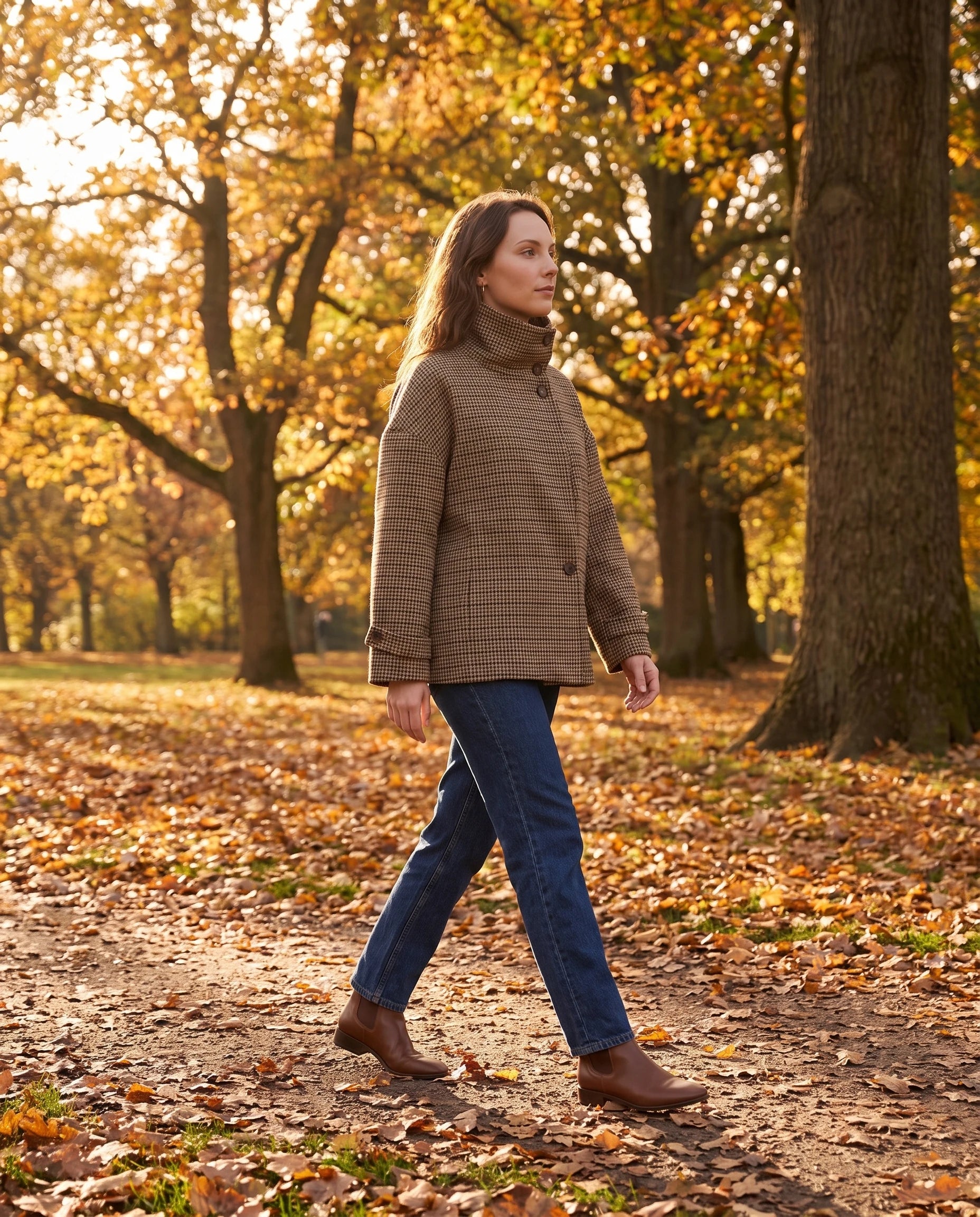 Veste courte pied-de-poule Priscille — portée dans un parc aux feuilles d’automne — coloris pied-de-poule brun