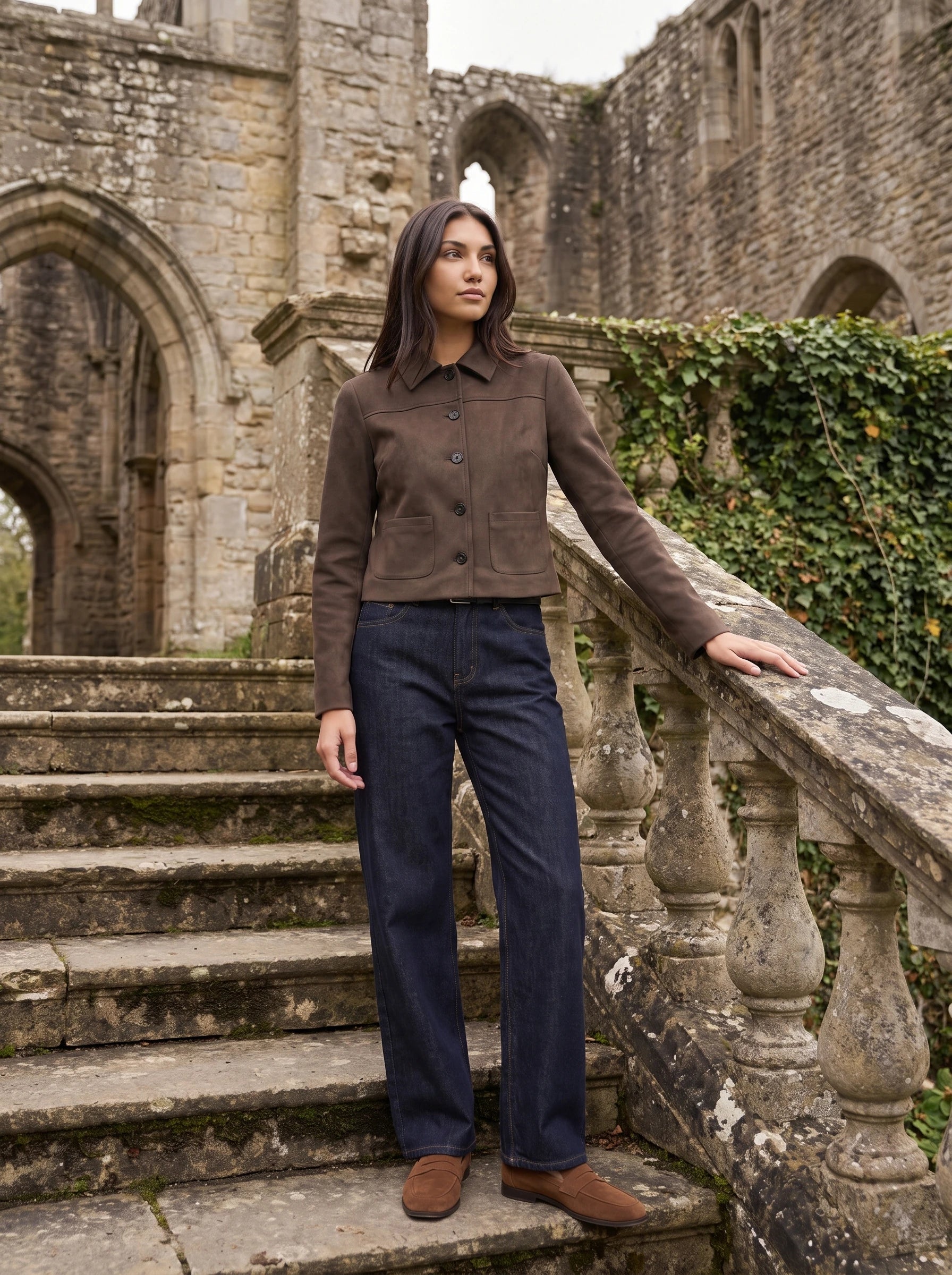 Veste en suédine brun cacao Pélagie, portée sur l'escalier de pierre d'une abbaye