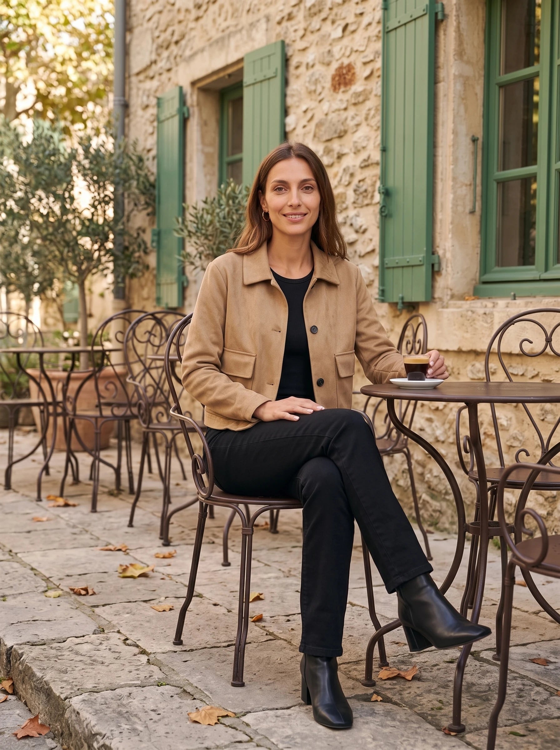 Veste en suédine camel Antonine, portée en terrasse aux volets verts