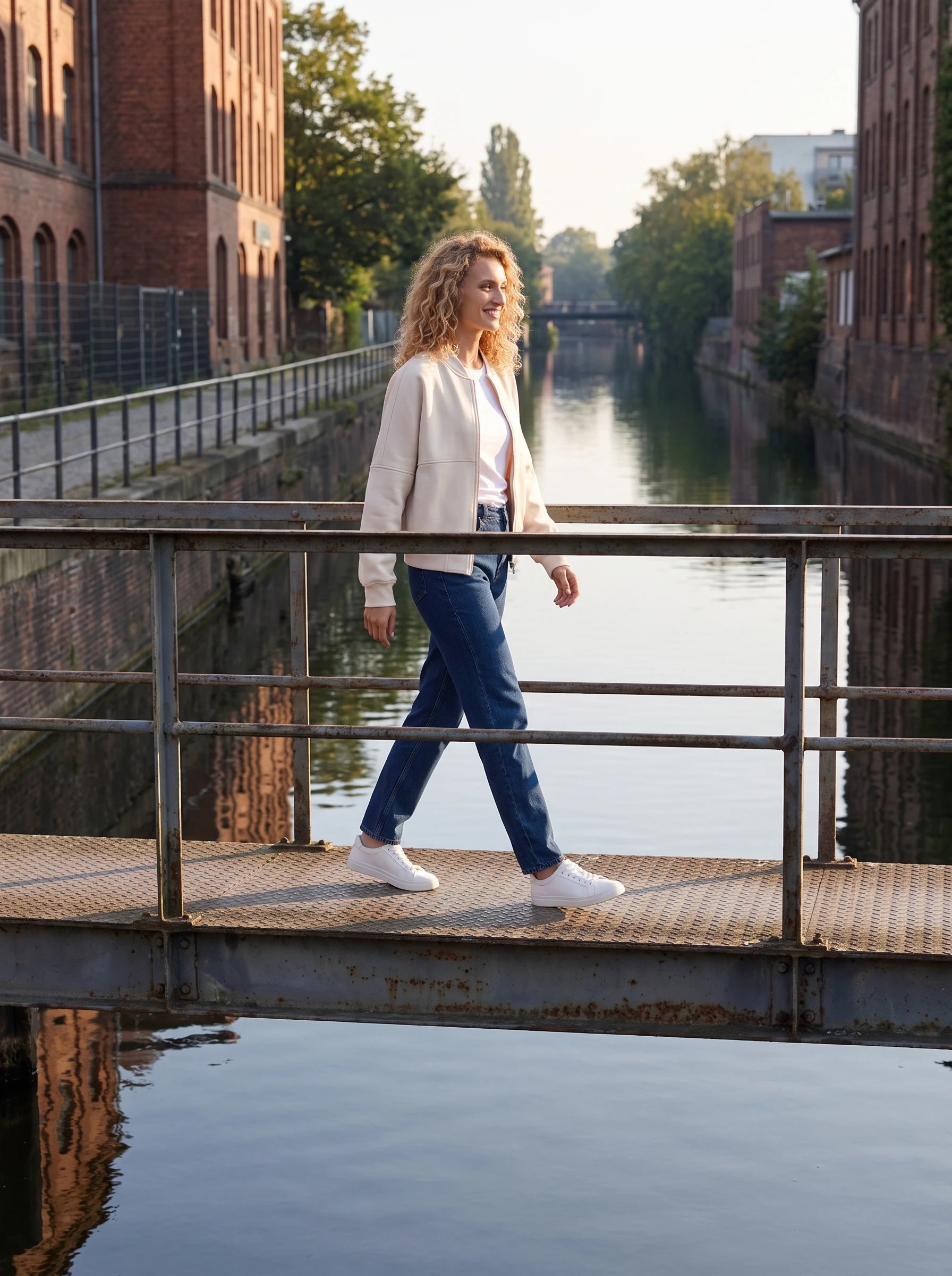 Bomber en molleton beige Denise, porté sur une passerelle au-dessus d'un canal