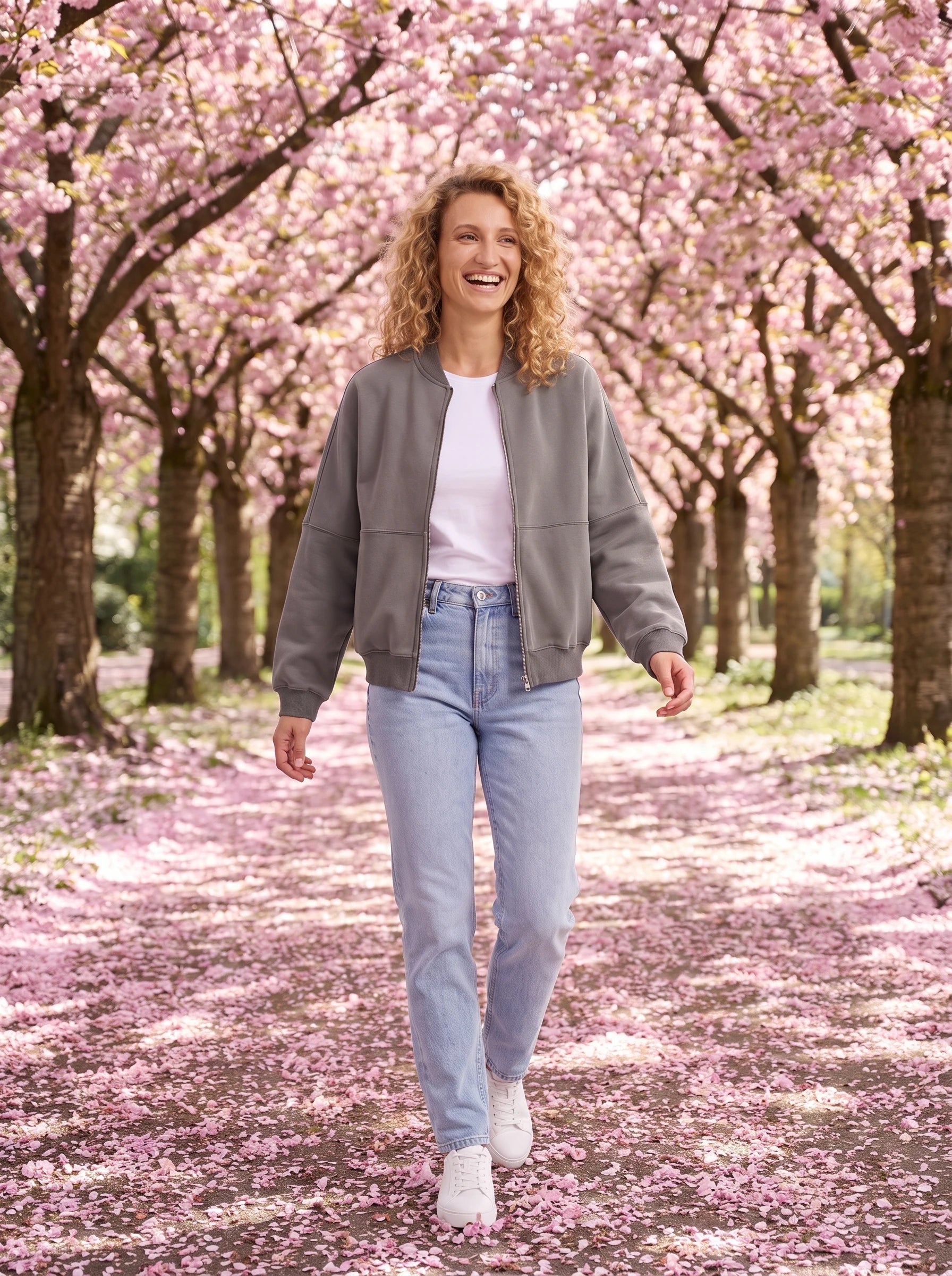 Bomber en molleton gris Denise, porté dans une allée de cerisiers en fleurs