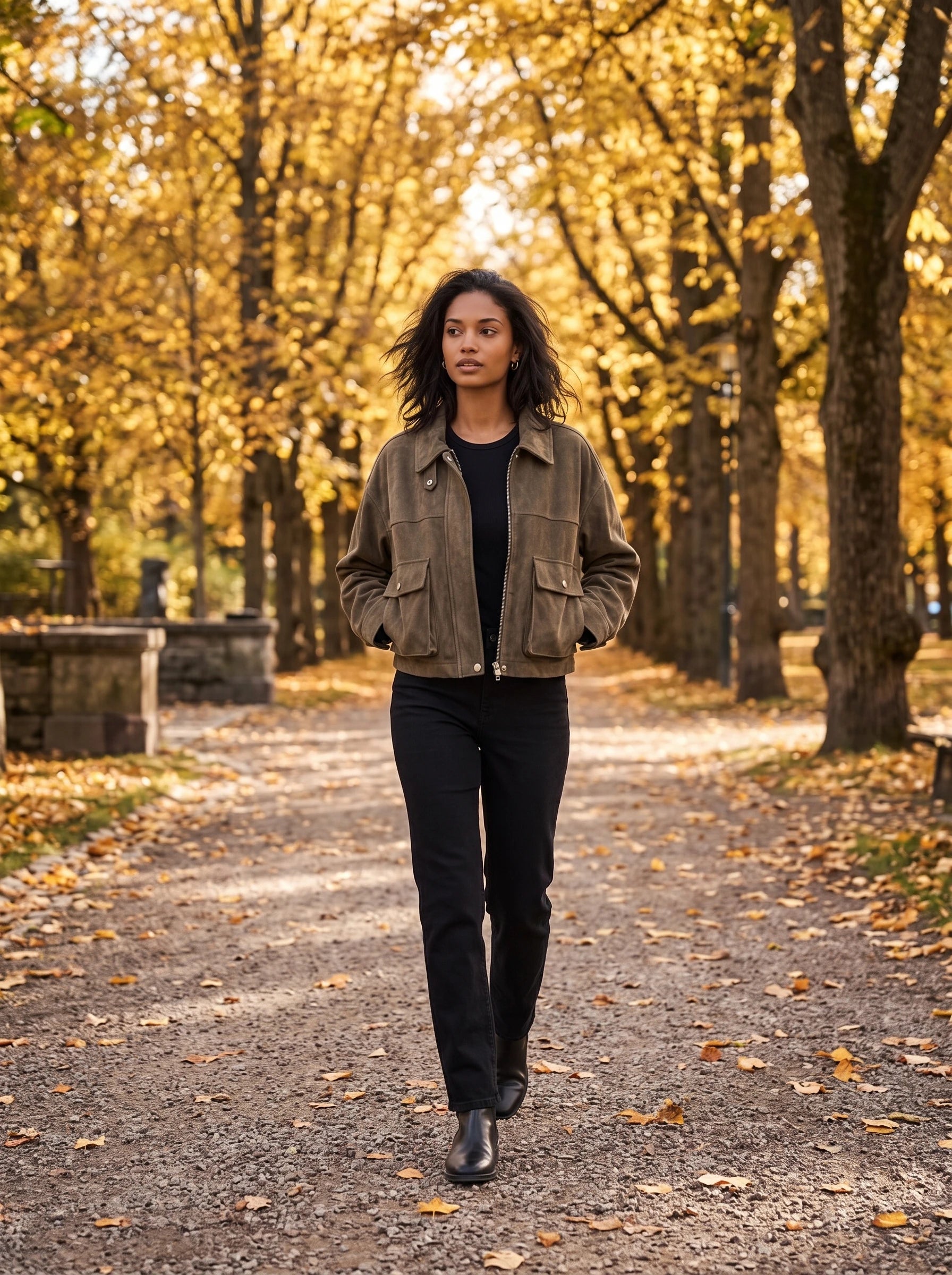 Veste utilitaire kaki Ernestine, portée dans une allée de parc en automne