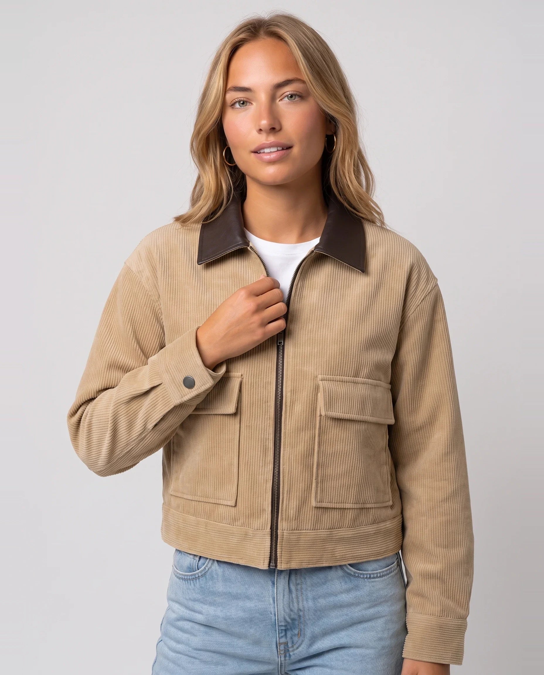 Veste courte zippée en velours côtelé beige Célie, plan rapproché en studio