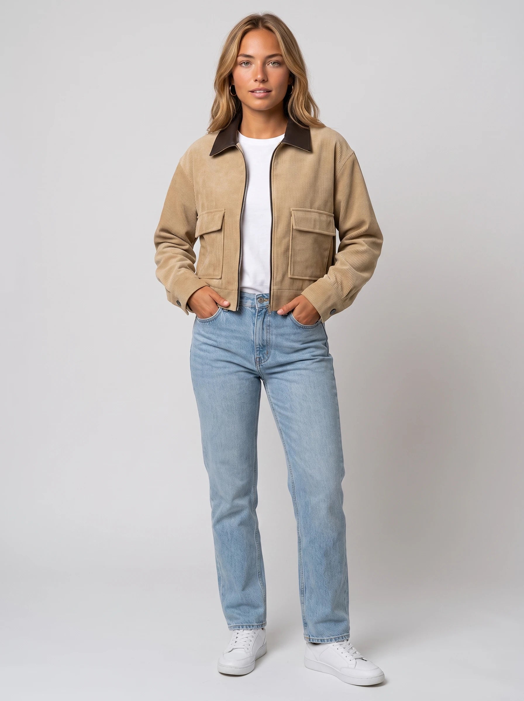 Veste courte zippée en velours côtelé beige Célie, vue de face en studio