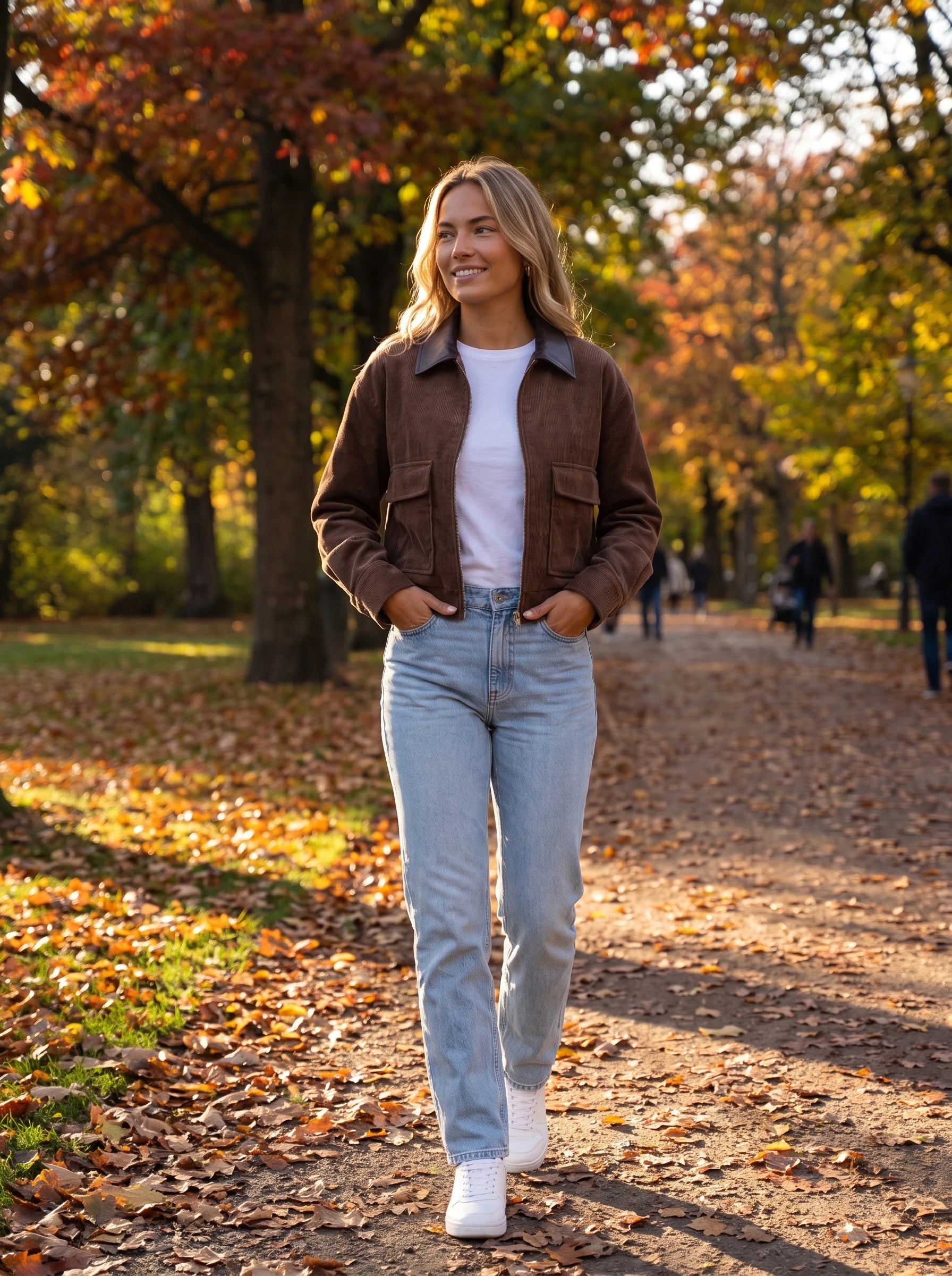 Veste en velours côtelé chocolat Célie, portée dans une allée de parc en automne