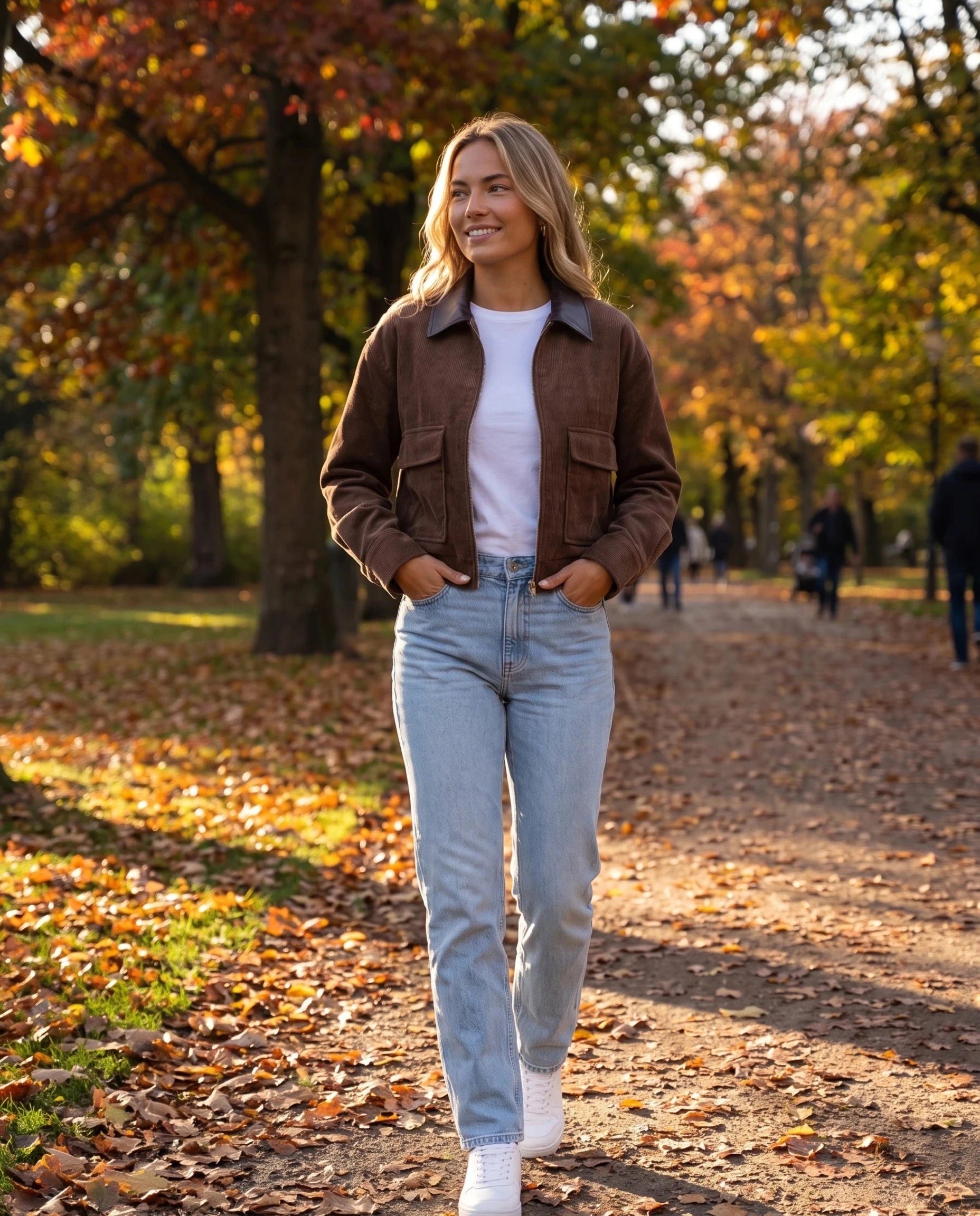 Veste en velours côtelé chocolat Célie, portée dans une allée de parc en automne