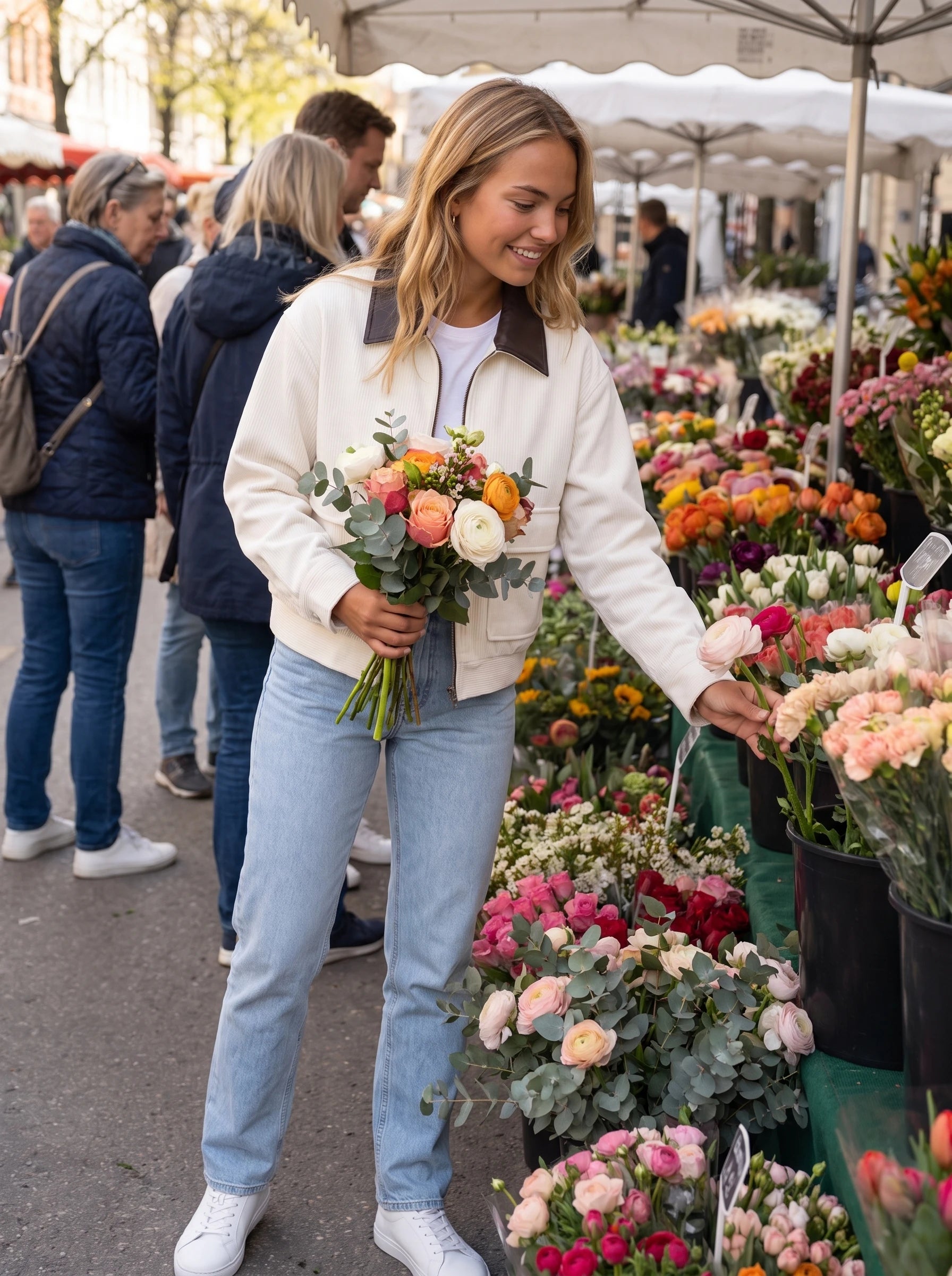 Veste en velours côtelé écru Célie, portée au marché aux fleurs