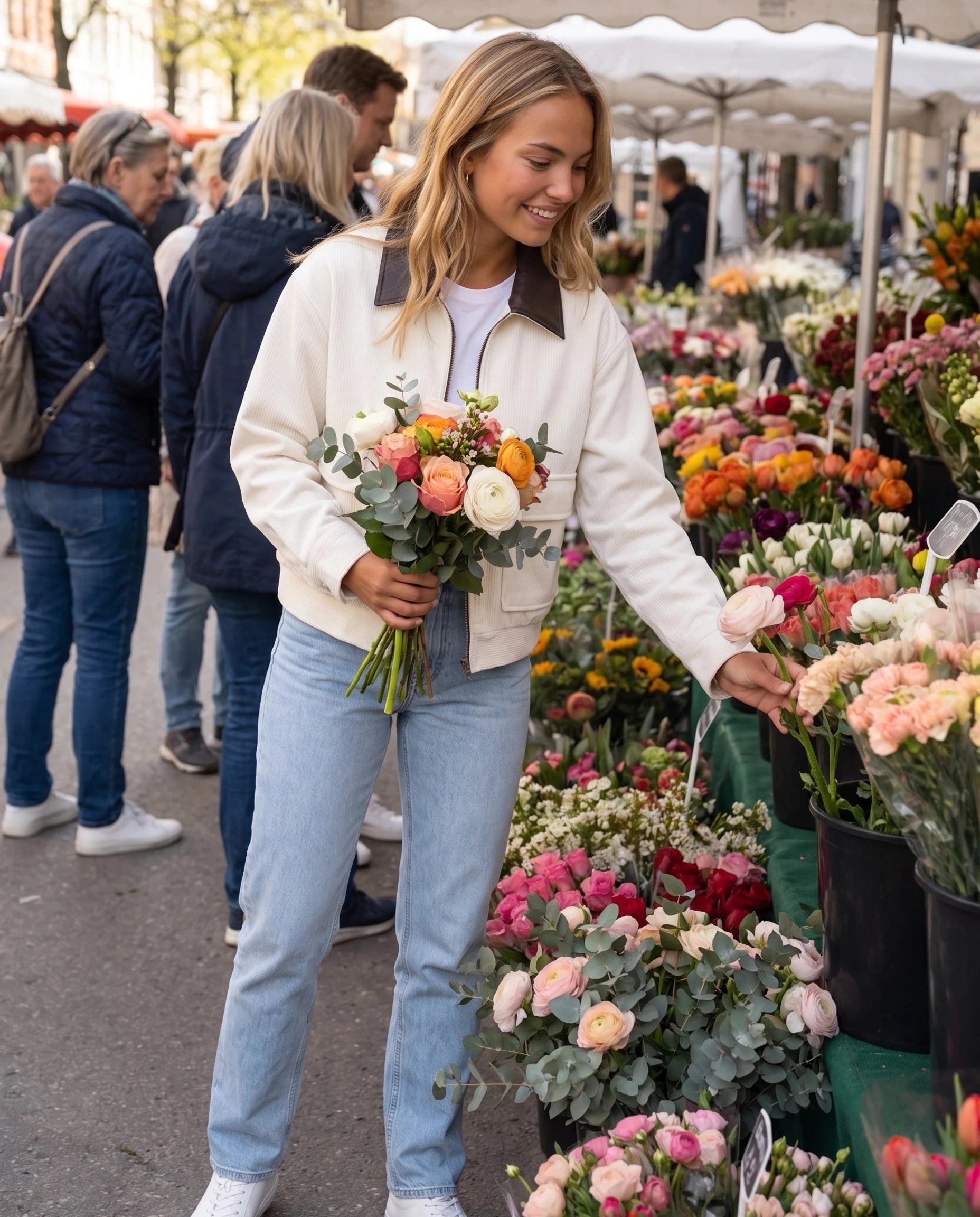Veste en velours côtelé écru Célie, portée au marché aux fleurs