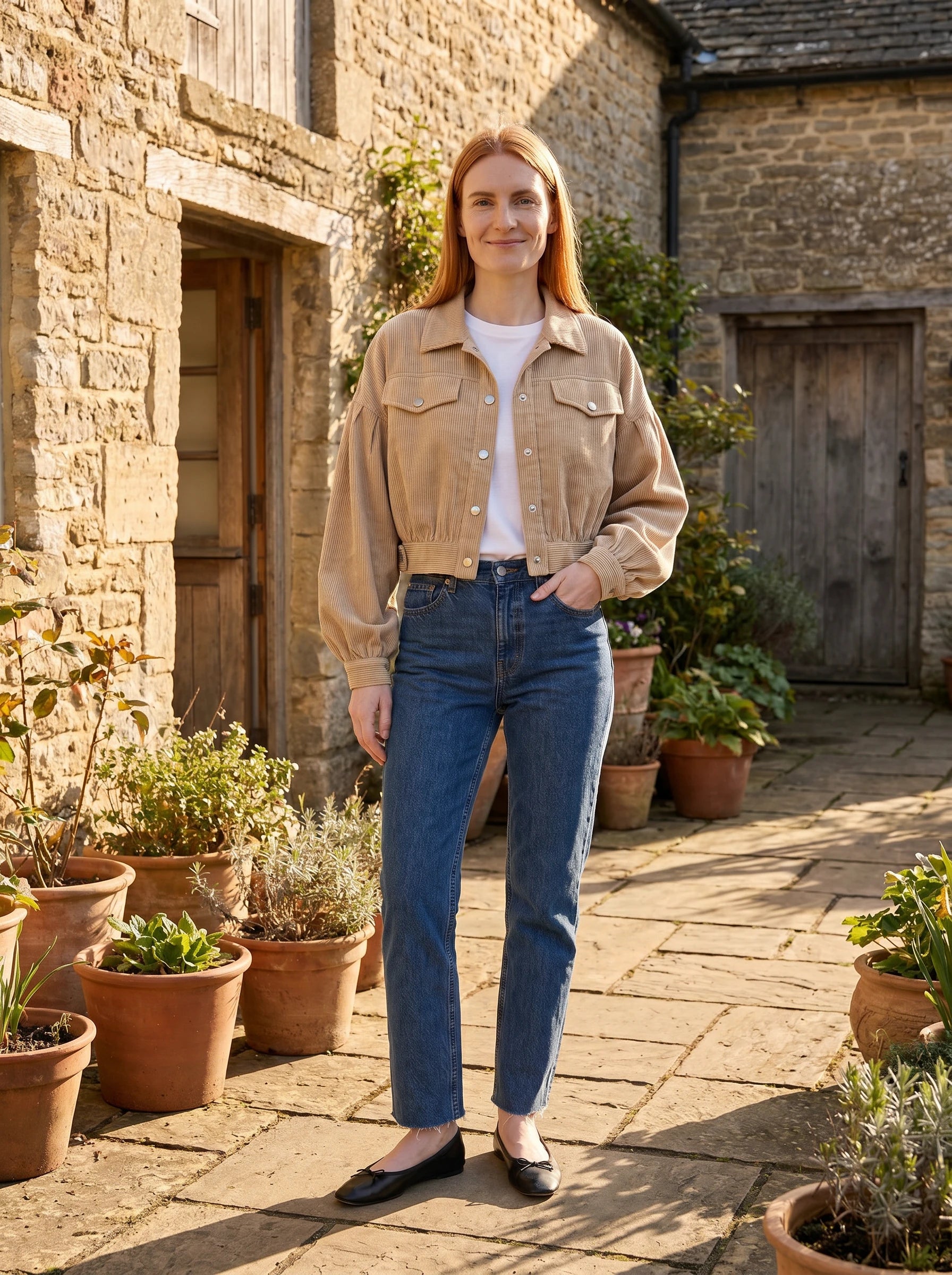 Veste en velours côtelé beige Yvette, portée dans la cour pavée d'une ferme ancienne
