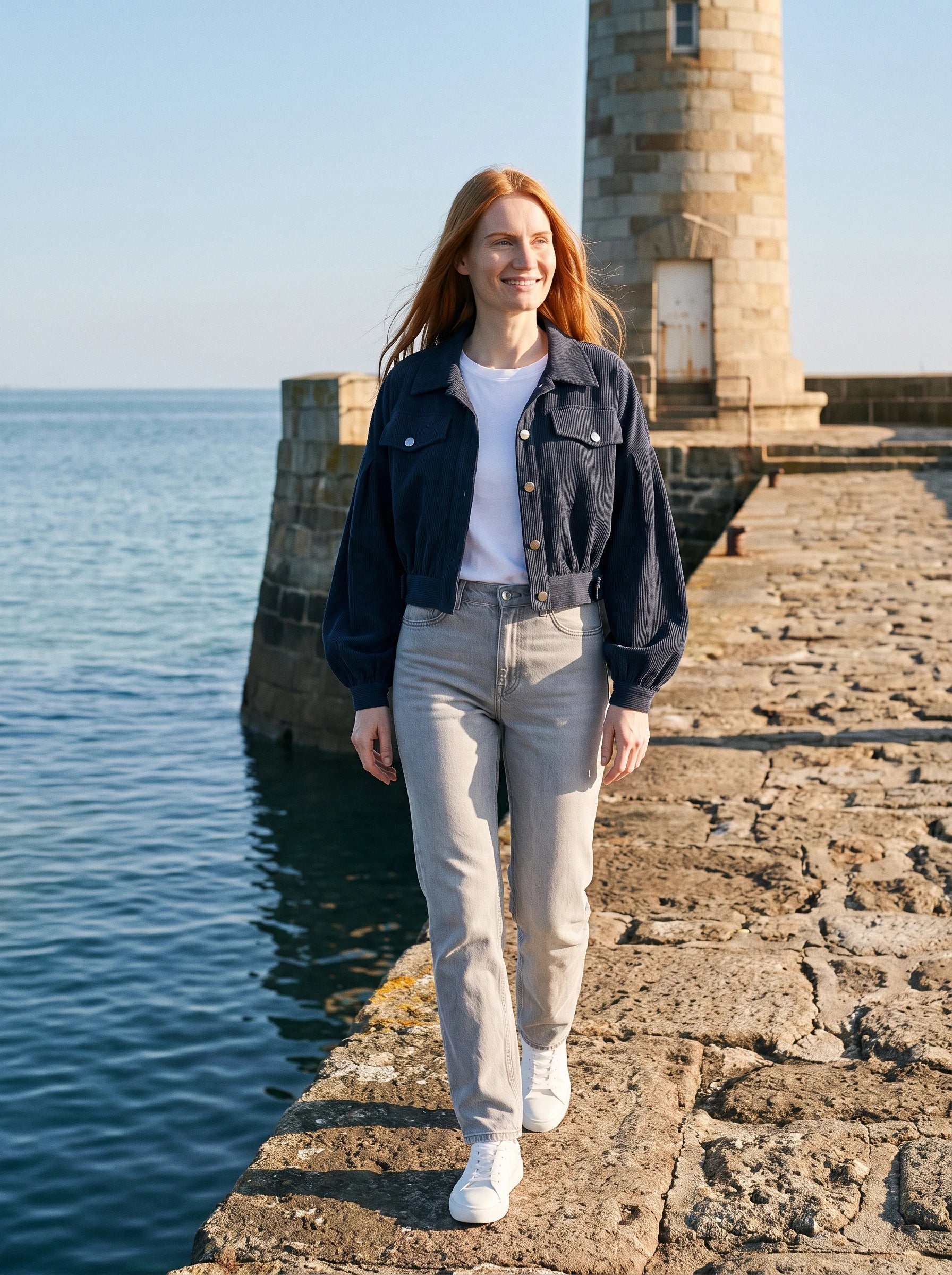 Veste en velours côtelé bleu marine Yvette, portée sur la jetée de pierre d'un phare
