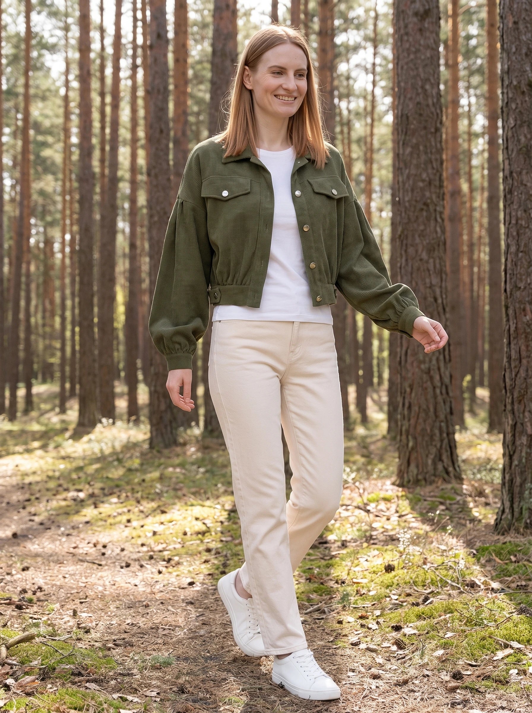 Veste en velours côtelé vert armée Yvette, portée dans une forêt de pins clairsemée