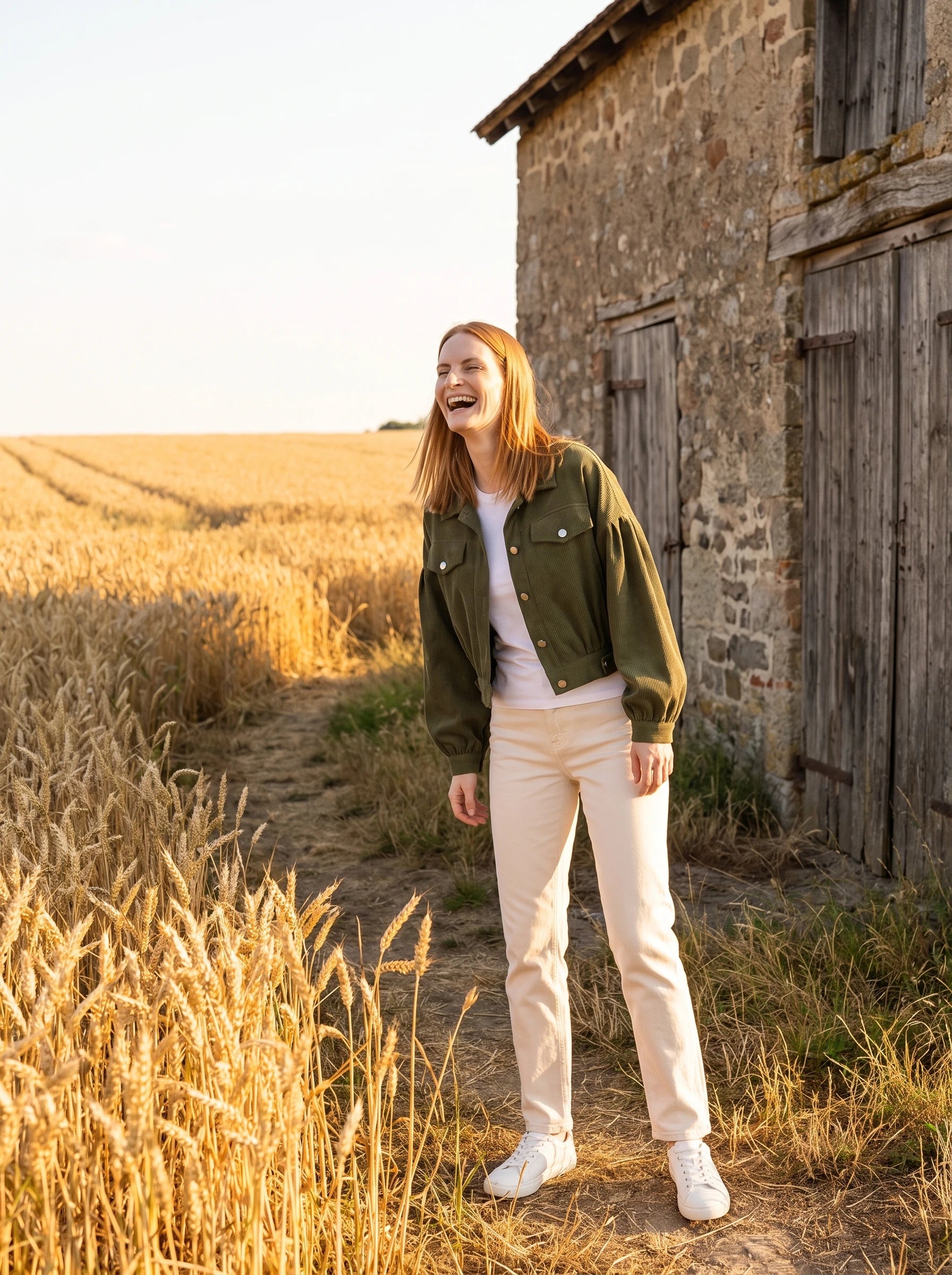 Veste en velours côtelé vert armée Yvette, portée devant une grange en pierre et un champ de blé