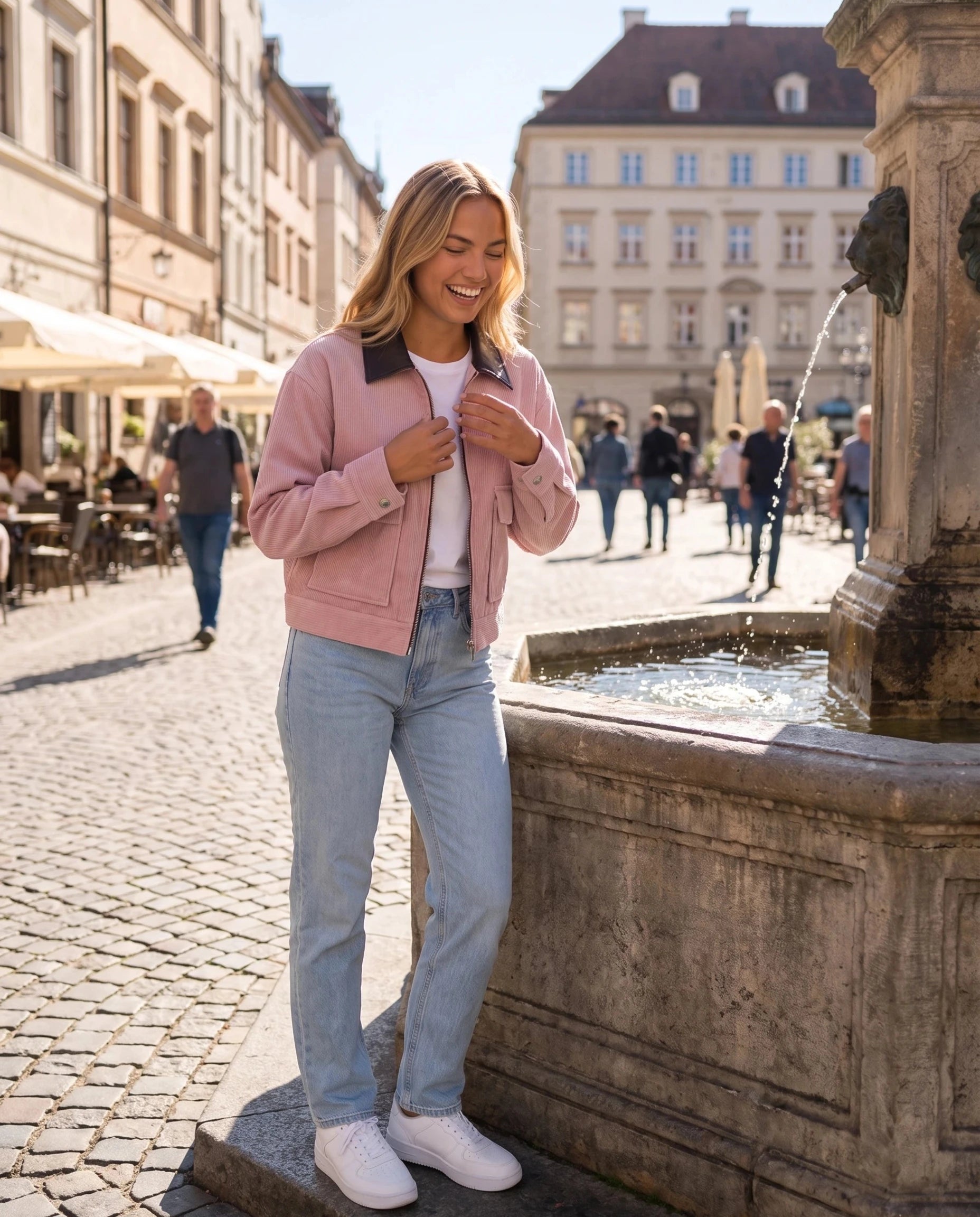 Veste en velours côtelé rose poudré Célie, portée sur une place ensoleillée près d'une fontaine