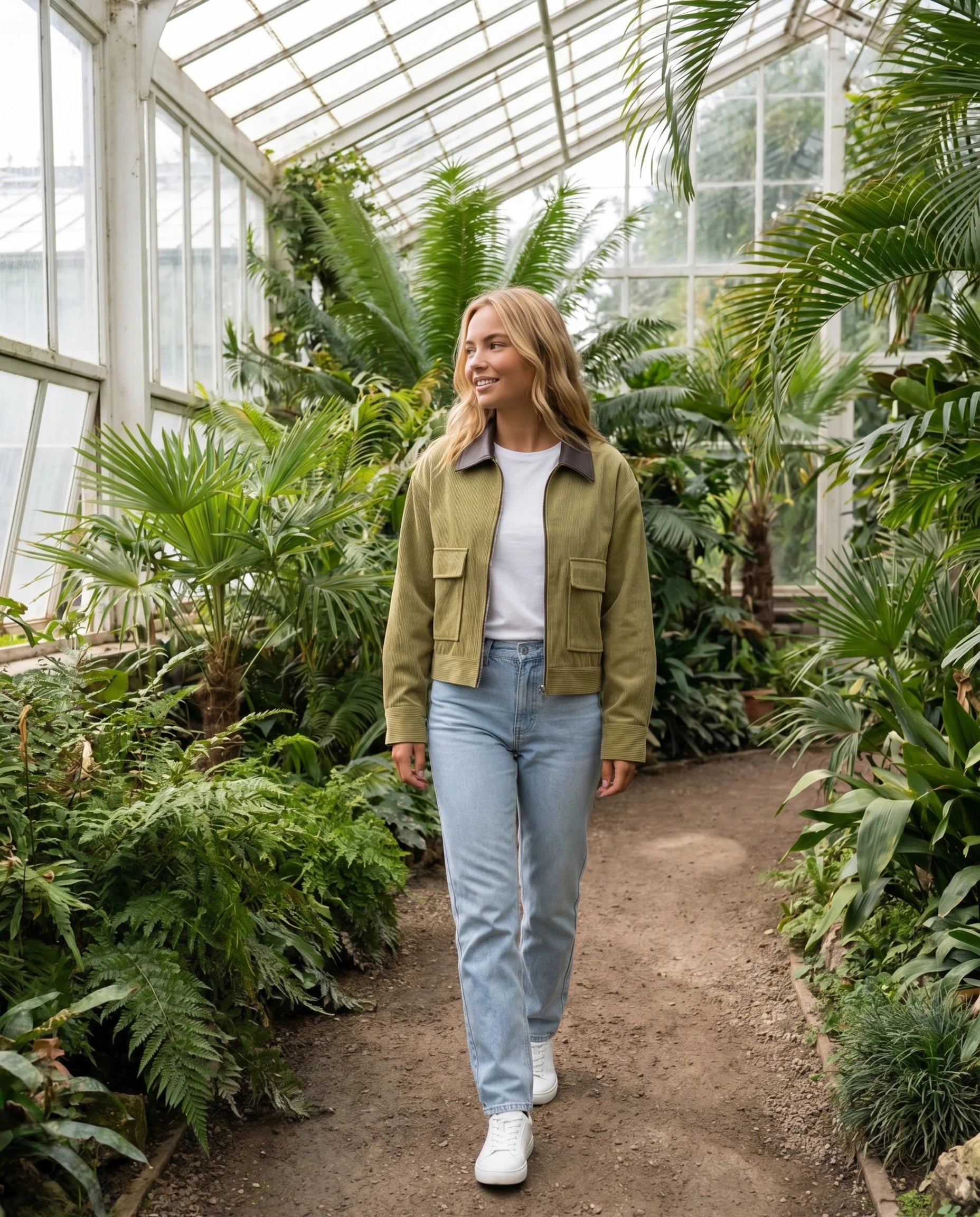 Veste en velours côtelé vert olive Célie, portée dans une serre botanique