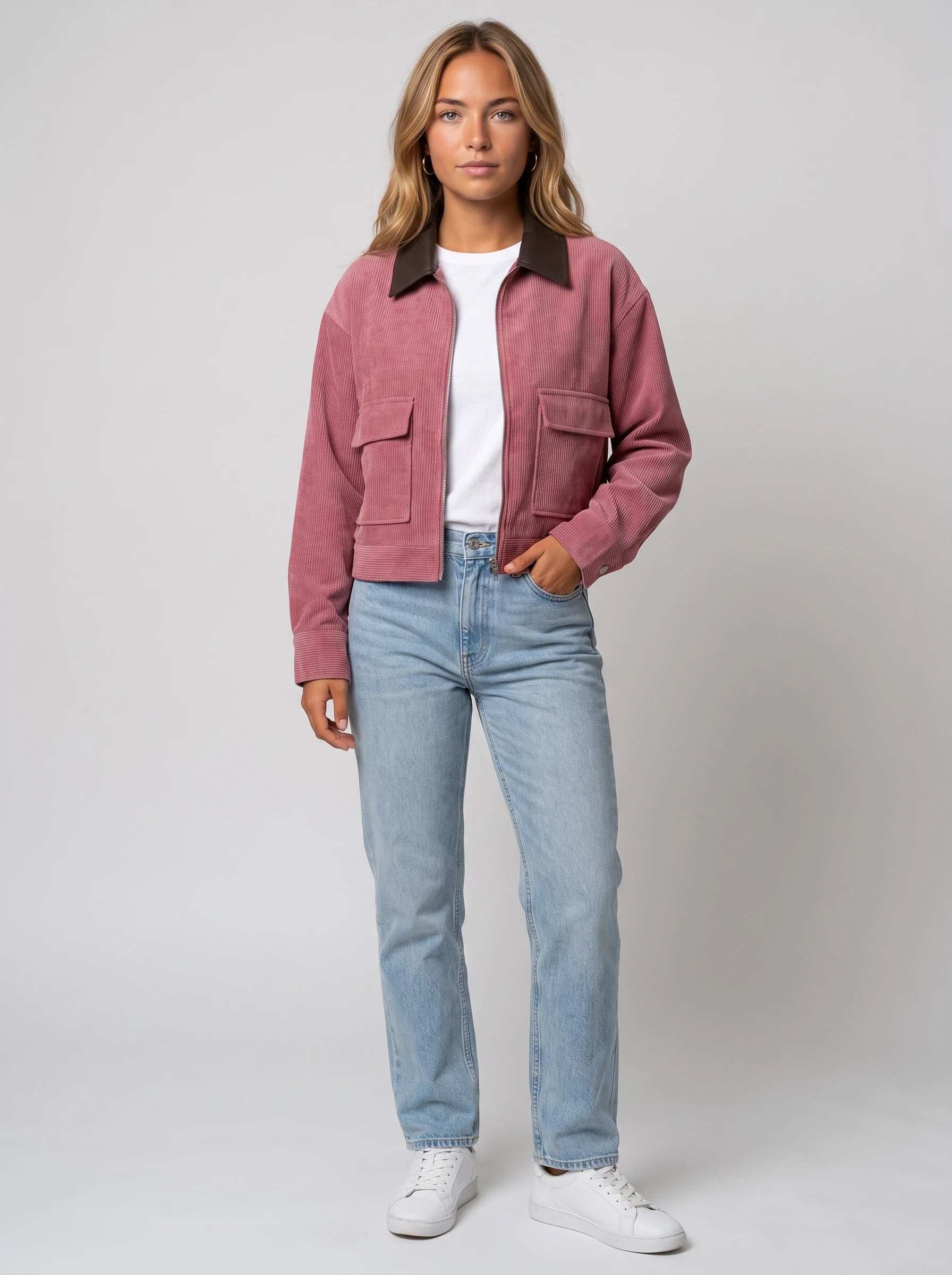 Veste courte zippée en velours côtelé vieux rose Célie, vue de face en studio