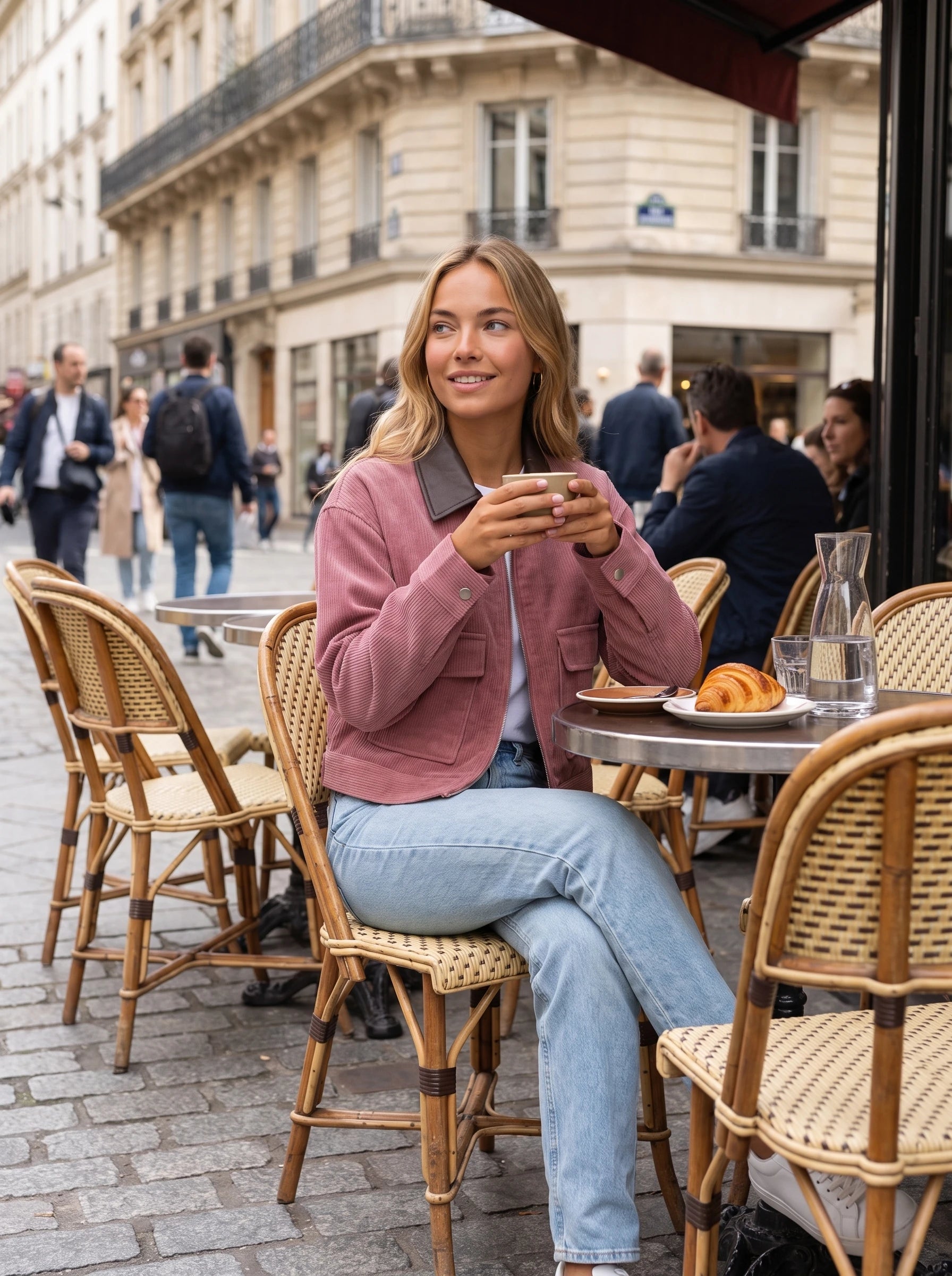 Veste en velours côtelé vieux rose Célie, portée en terrasse de café