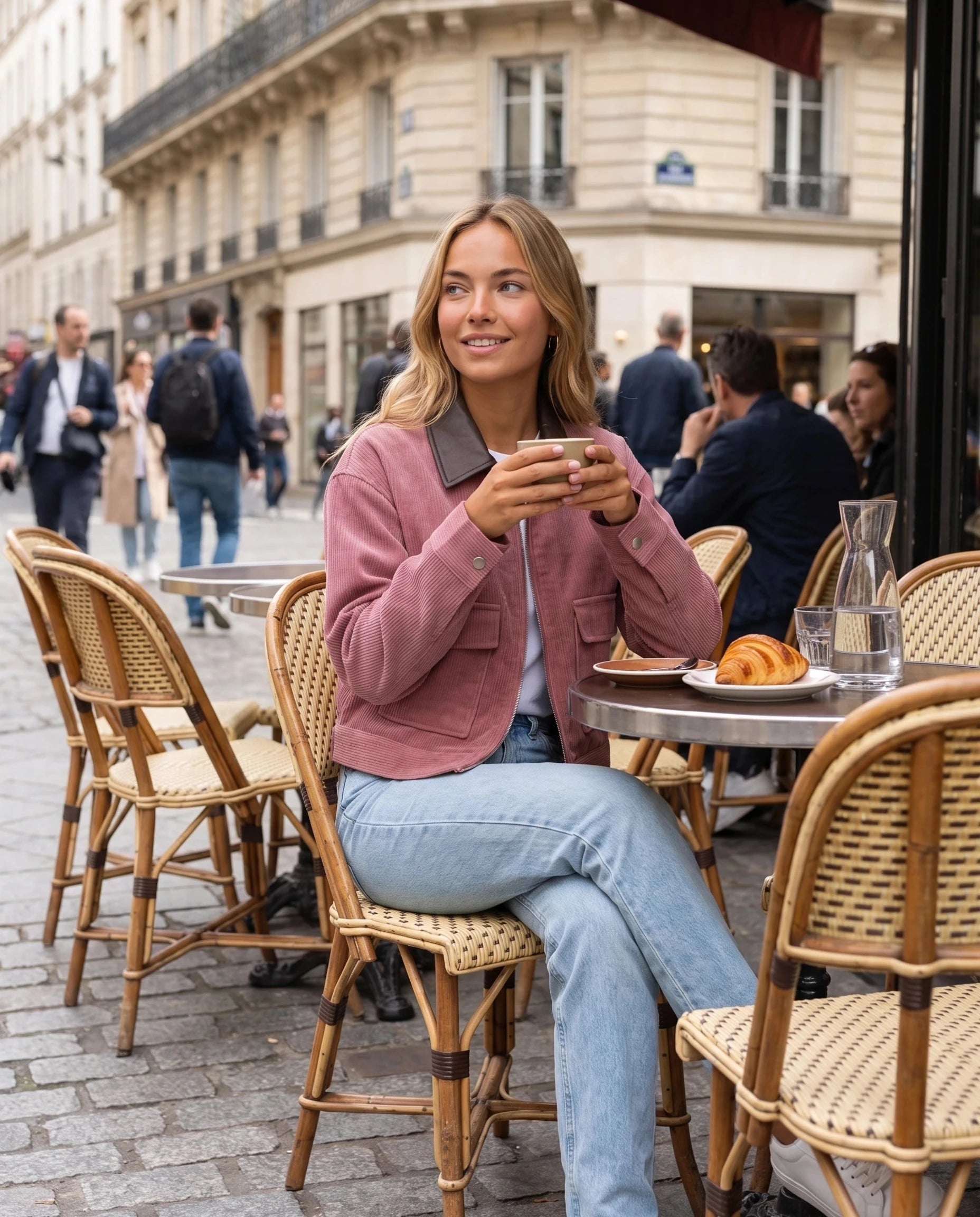 Veste en velours côtelé vieux rose Célie, portée en terrasse de café