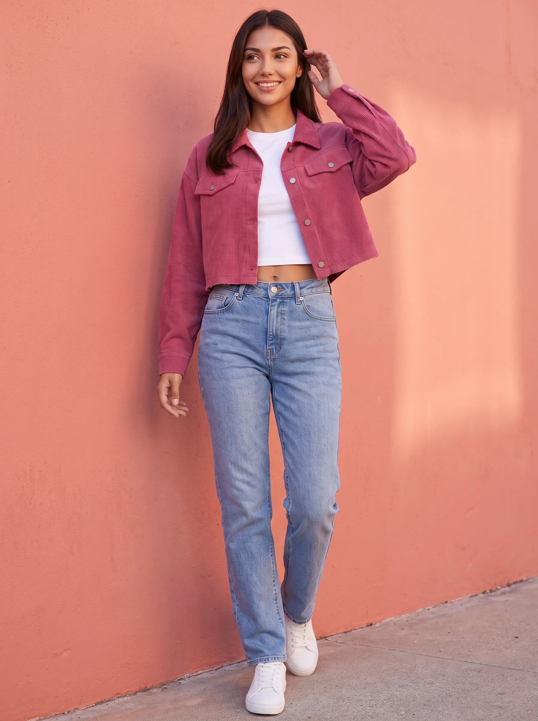 Veste courte Y2K rose framboise Gertrude, portée devant un mur corail