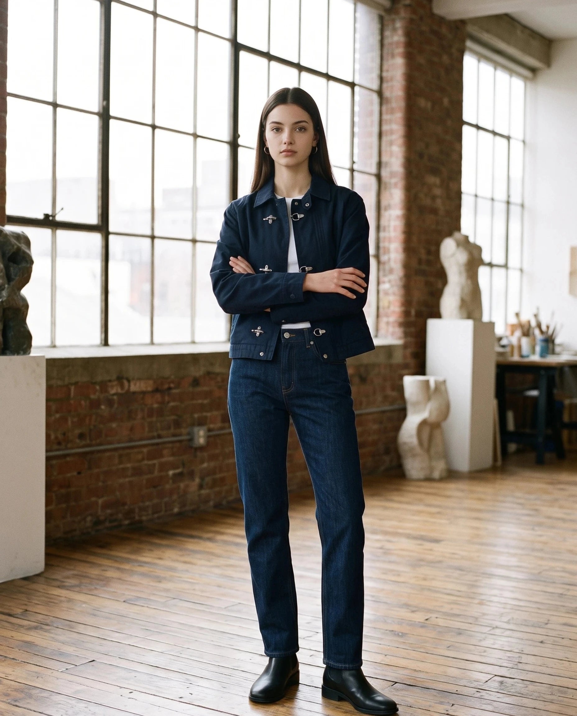 Veste worker bleu marine Romaine, portée dans un loft lumineux