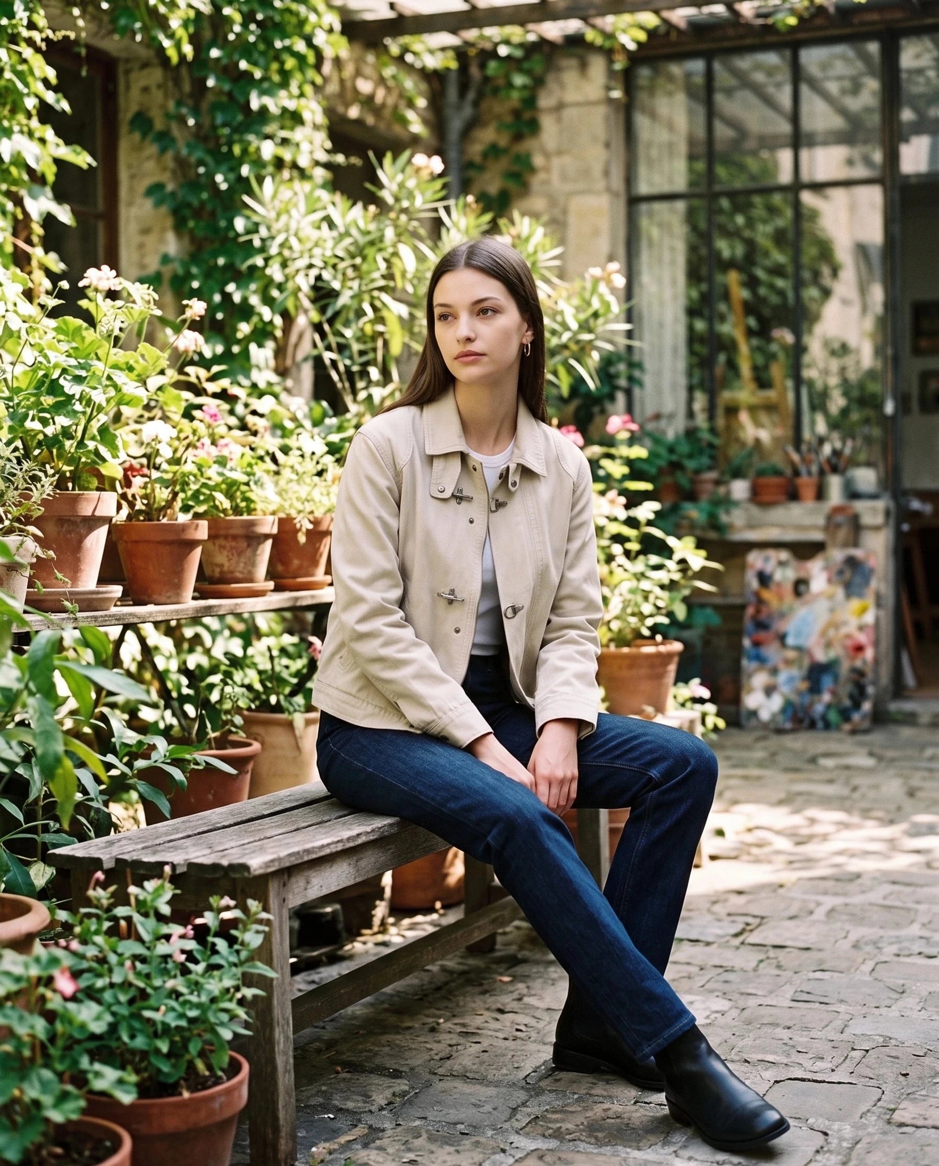Veste worker écru Romaine, portée dans une cour d'atelier fleurie