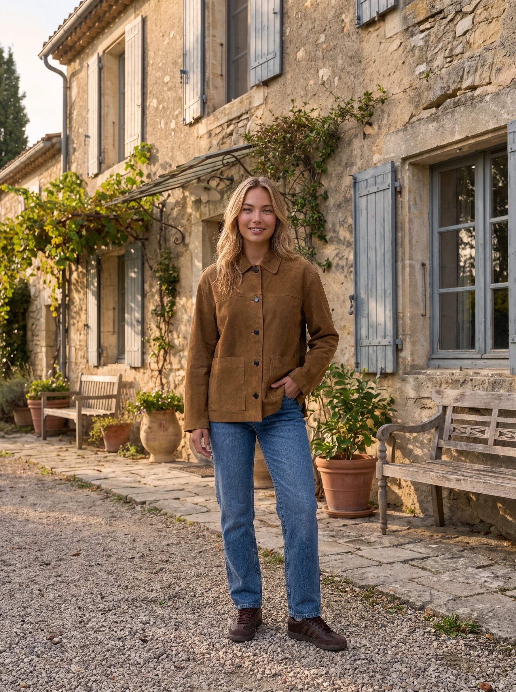 Veste workwear en suédine tabac Ségolène, portée devant une ferme aux volets bleu-gris